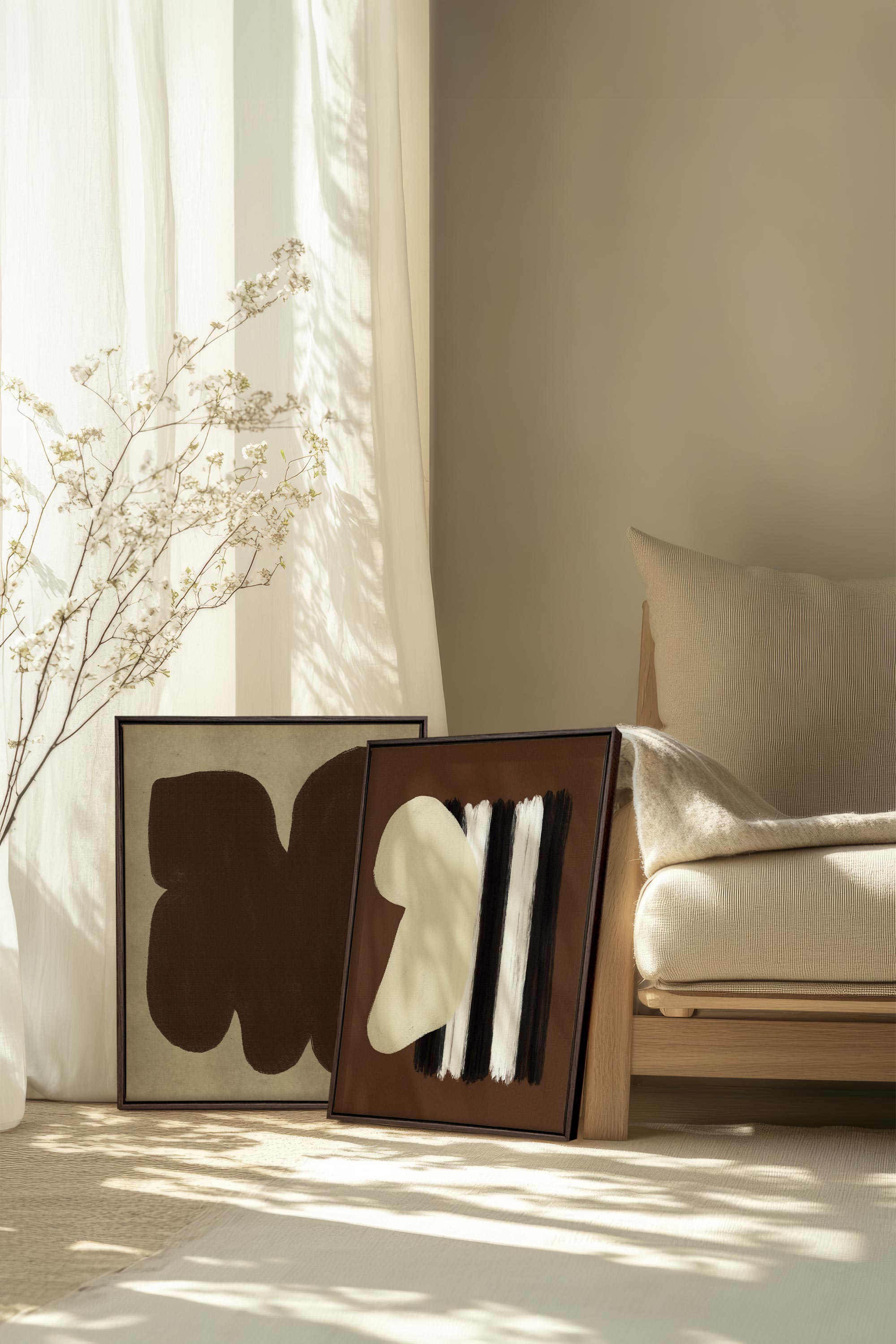 OLEKA CANVAS - DUO CONTRASTES PROFONDS, 2 Oeuvres sur toile étirée, encadré Brun Noyer