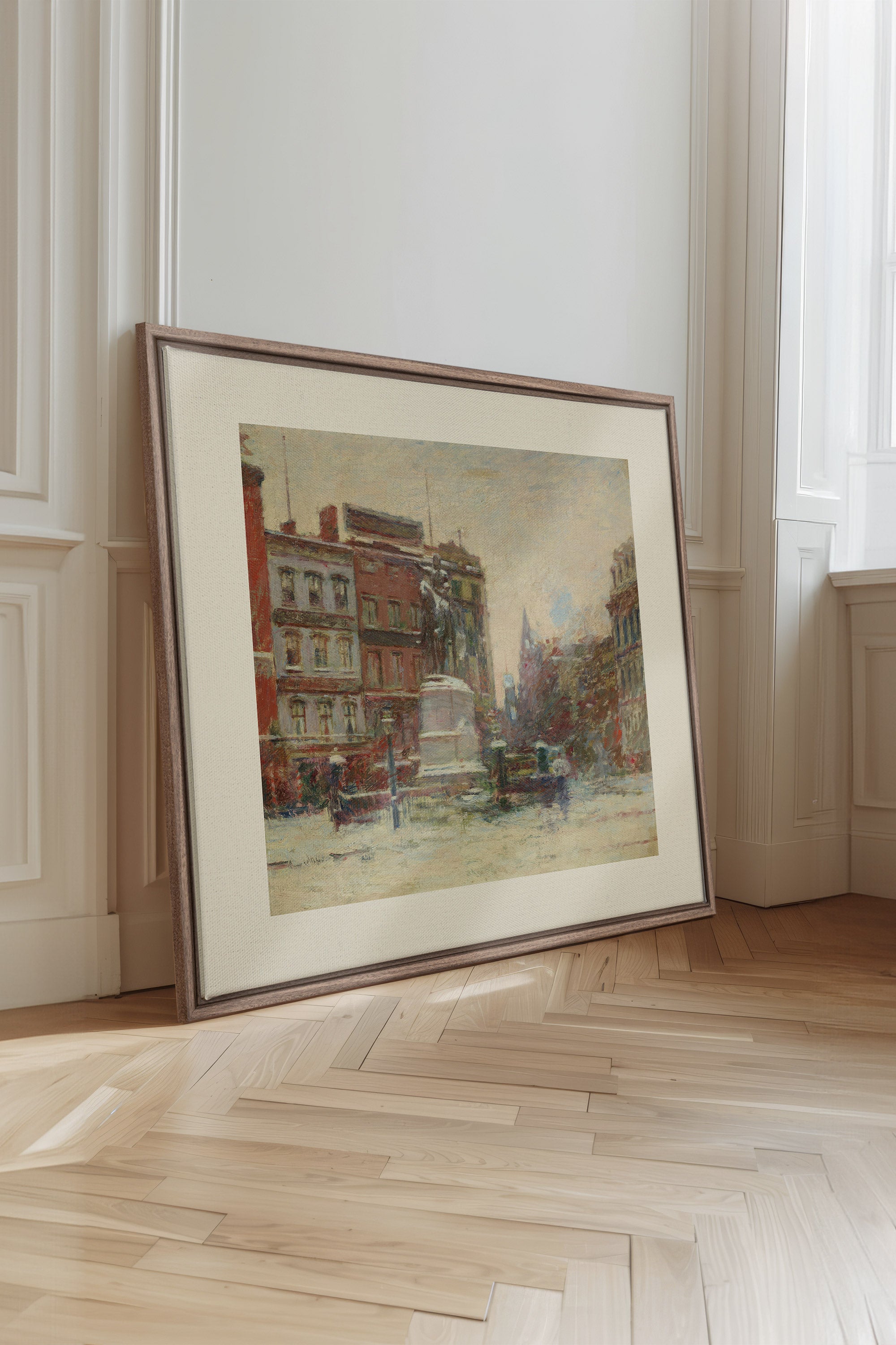 URBAN WINTER DAY, Oeuvre sur toile étirée, encadré Brun Chêne