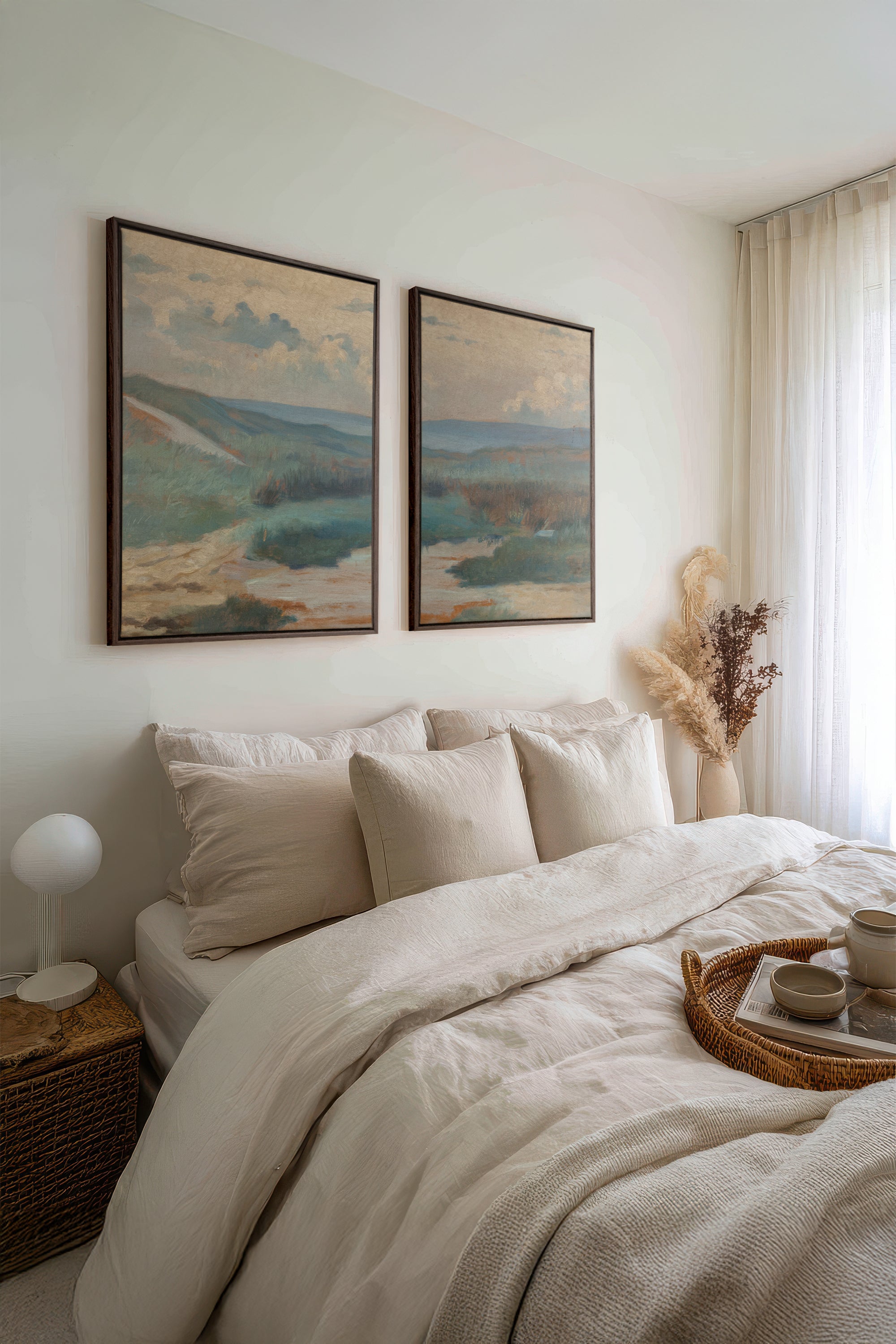 DUO RIVES DE SABLE, 2 Works on stretched canvas, framed Walnut Brown