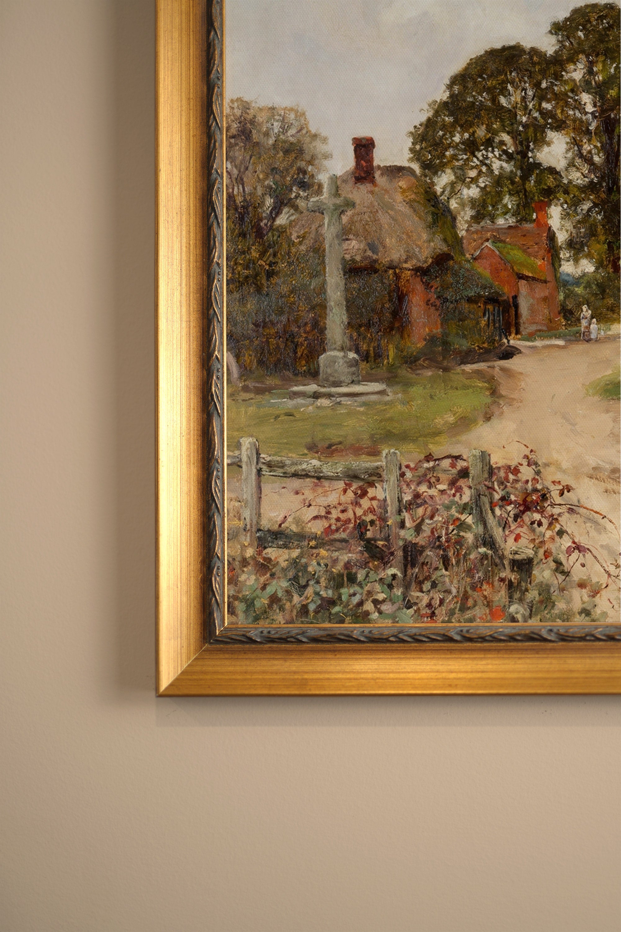 AU COEUR DU VILLAGE, Artwork on rigid canvas, framed in Vintage Gold