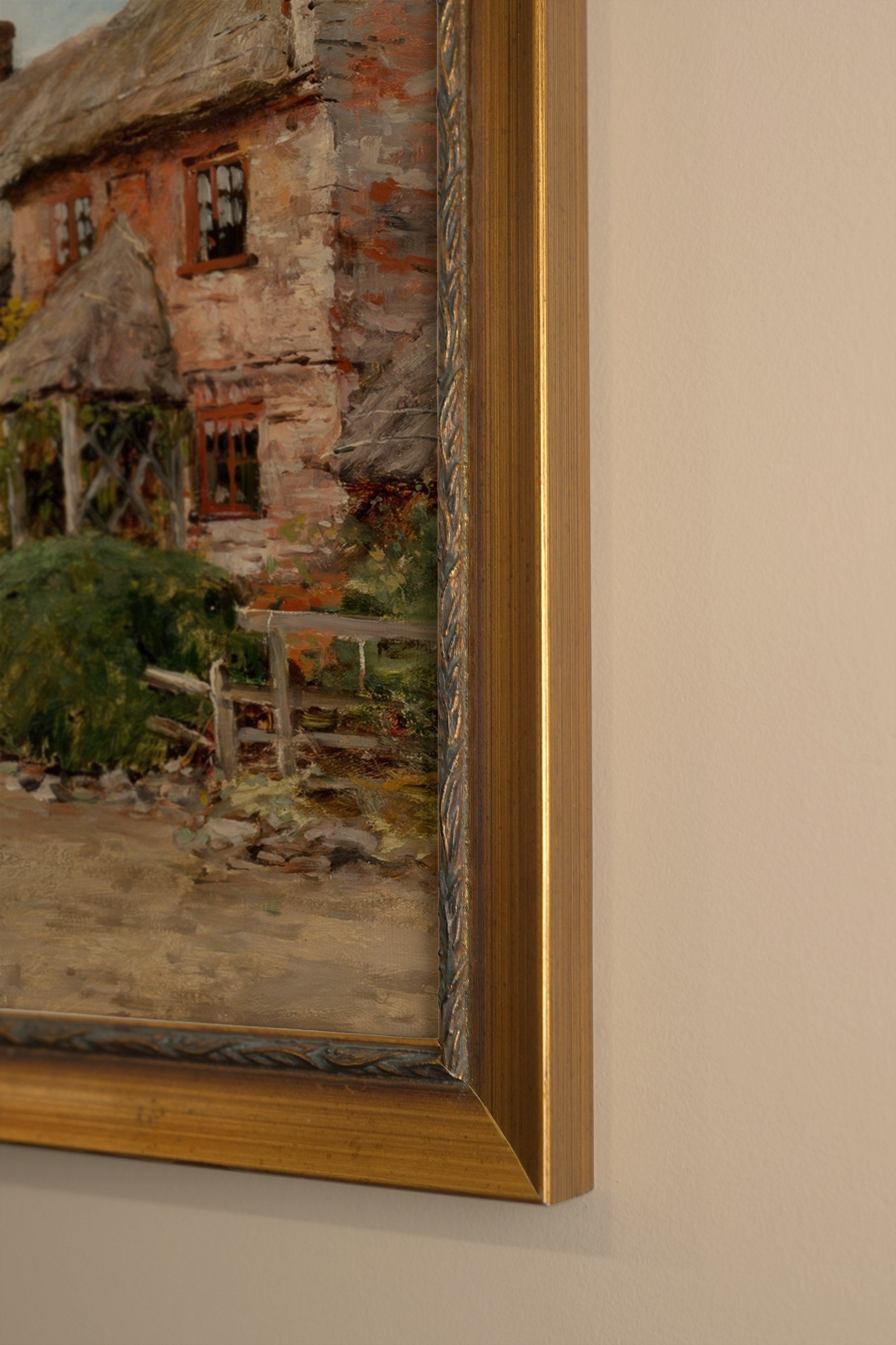 AU COEUR DU VILLAGE, Artwork on rigid canvas, framed in Vintage Gold