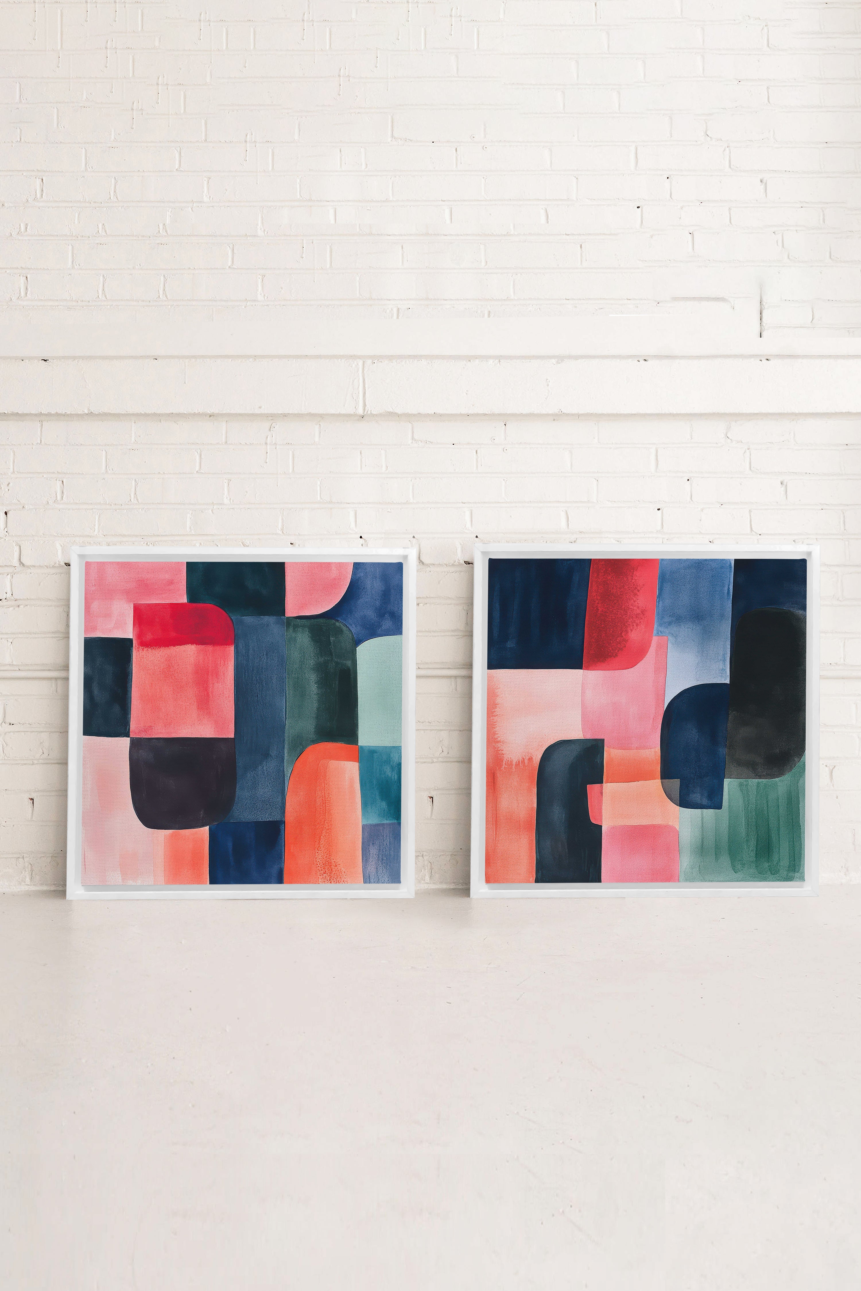 DUO ÉCLATS COLORÉS, 2 Oeuvres sur toile étirée, encadré Blanc