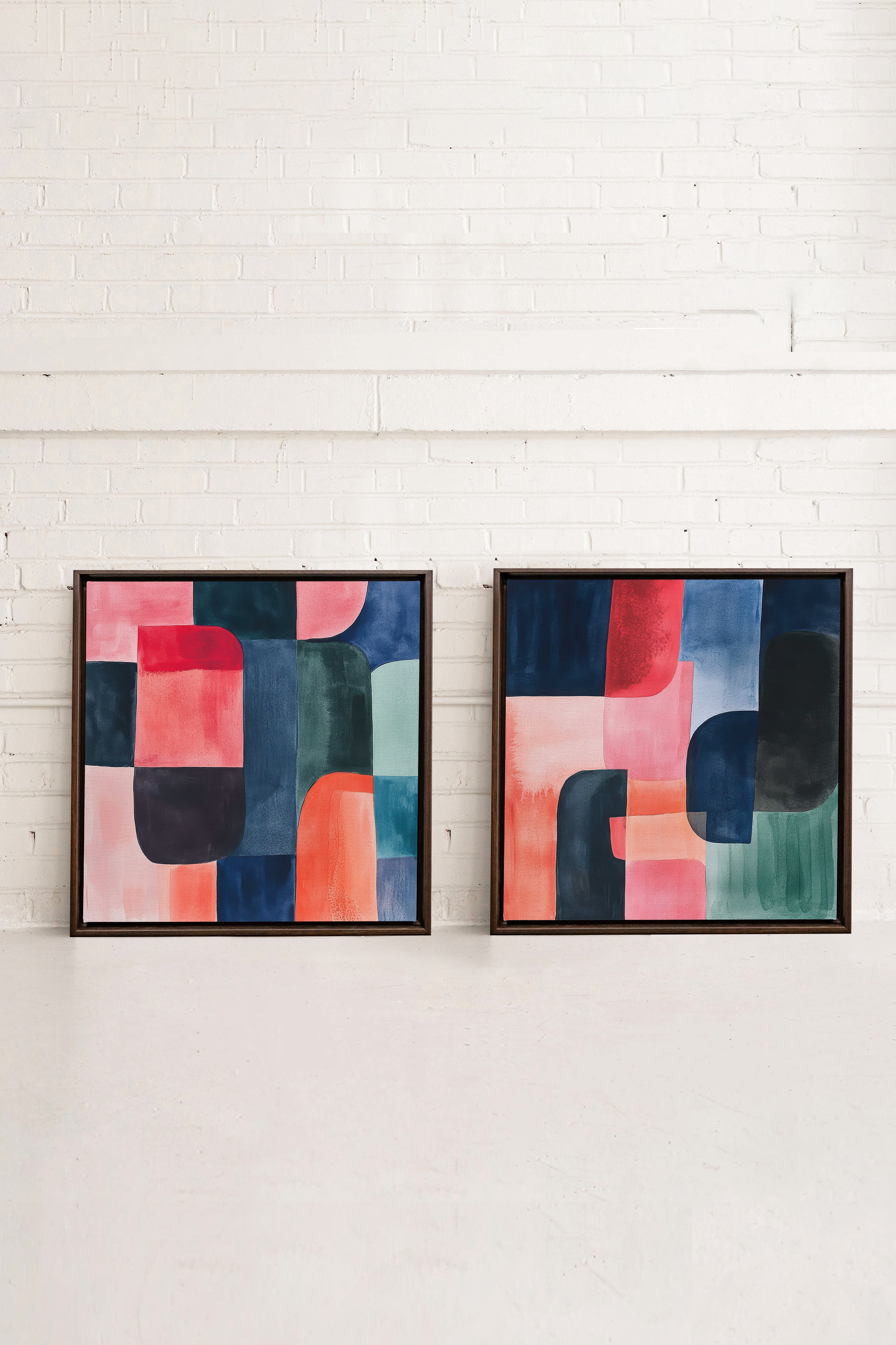 DUO ÉCLATS COLORÉS, 2 Oeuvres sur toile étirée, encadré Brun Noyer