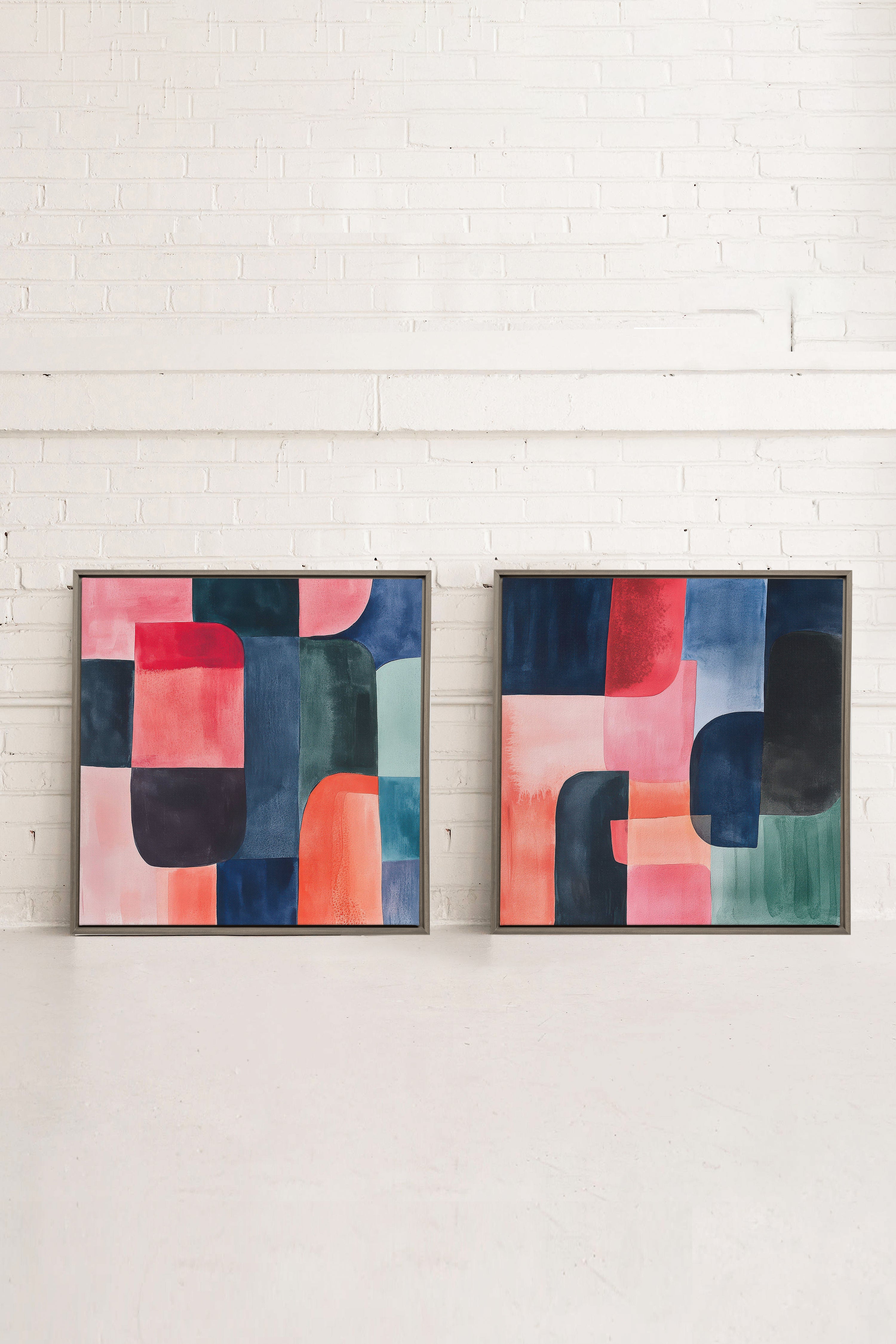 DUO ÉCLATS COLORÉS, 2 Works on stretched canvas, framed Oak Brown