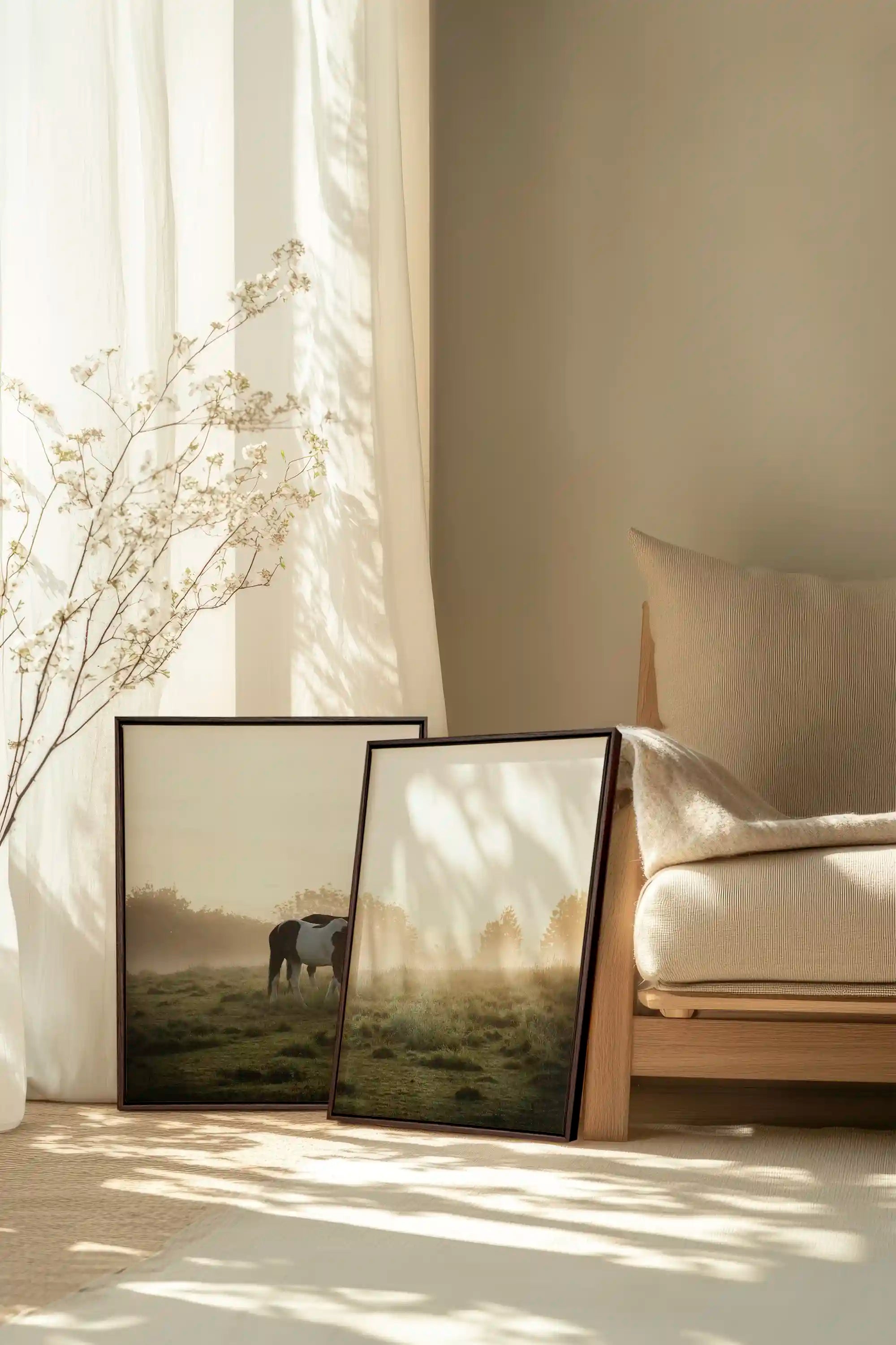 PASTURELIGHT DUO, 2 Works on stretched canvas, framed Walnut Brown