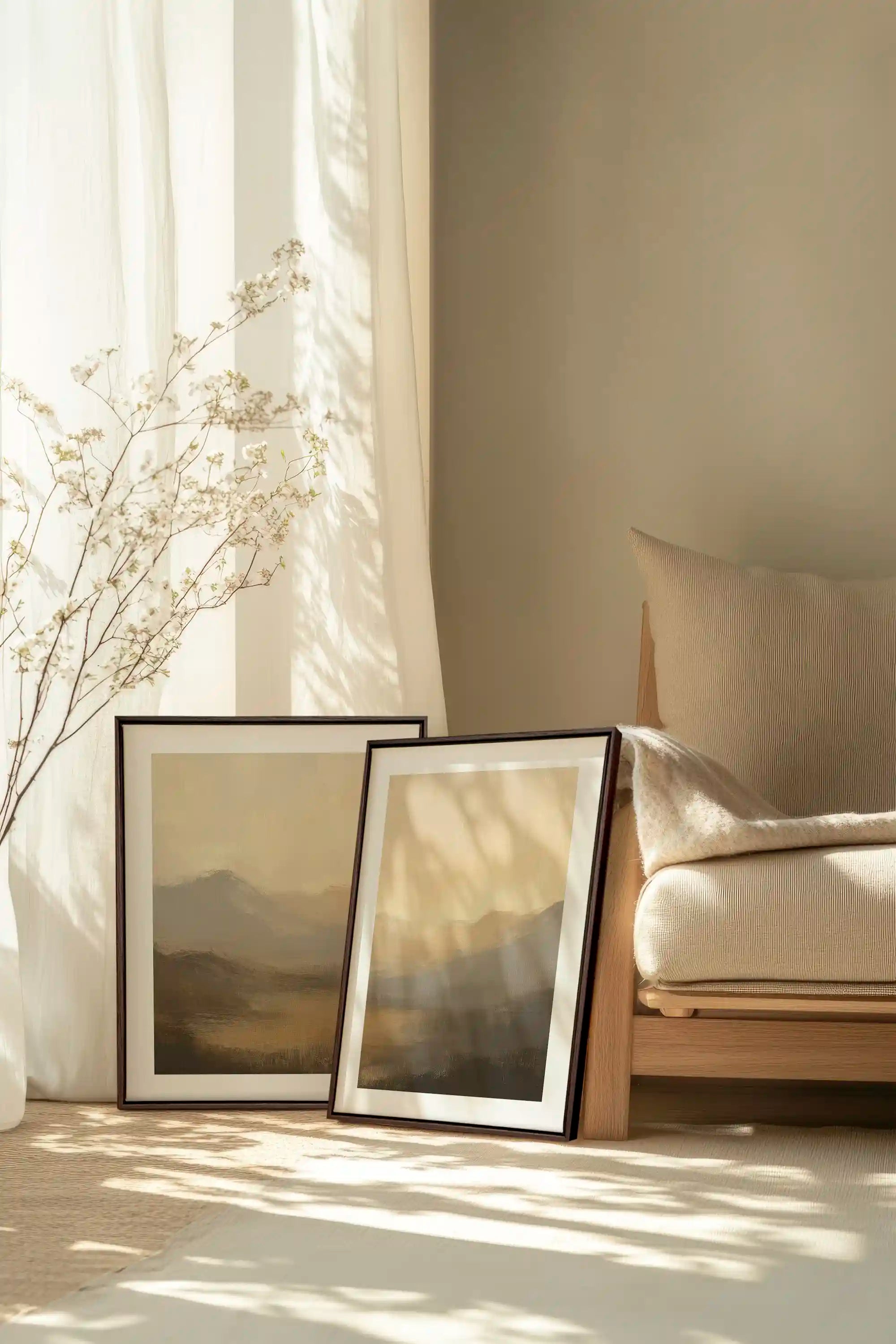 VEILED PEAKS DUO, 2 Works on stretched canvas, framed Walnut Brown