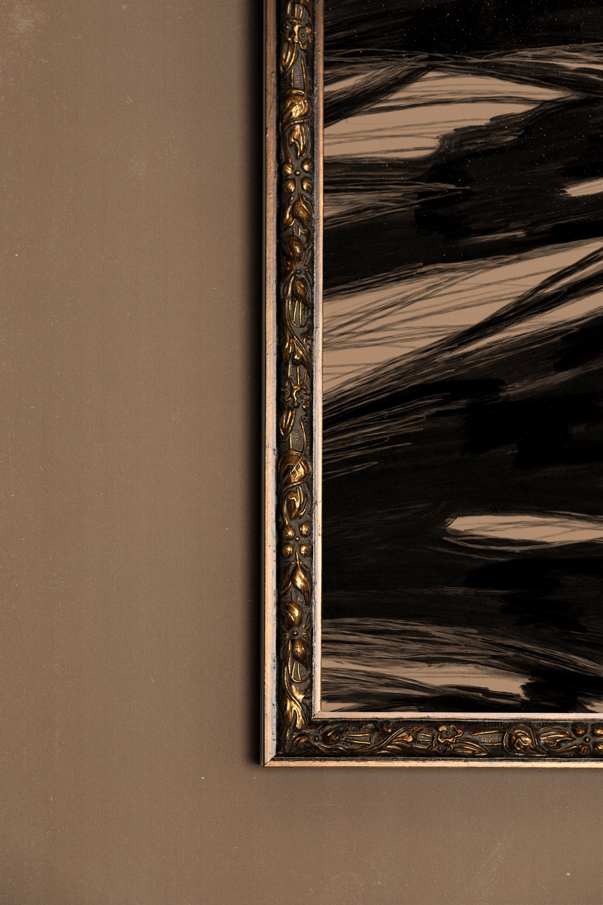 TRACÉ BRUT, Artwork on stretched canvas, framed Vintage Bronze