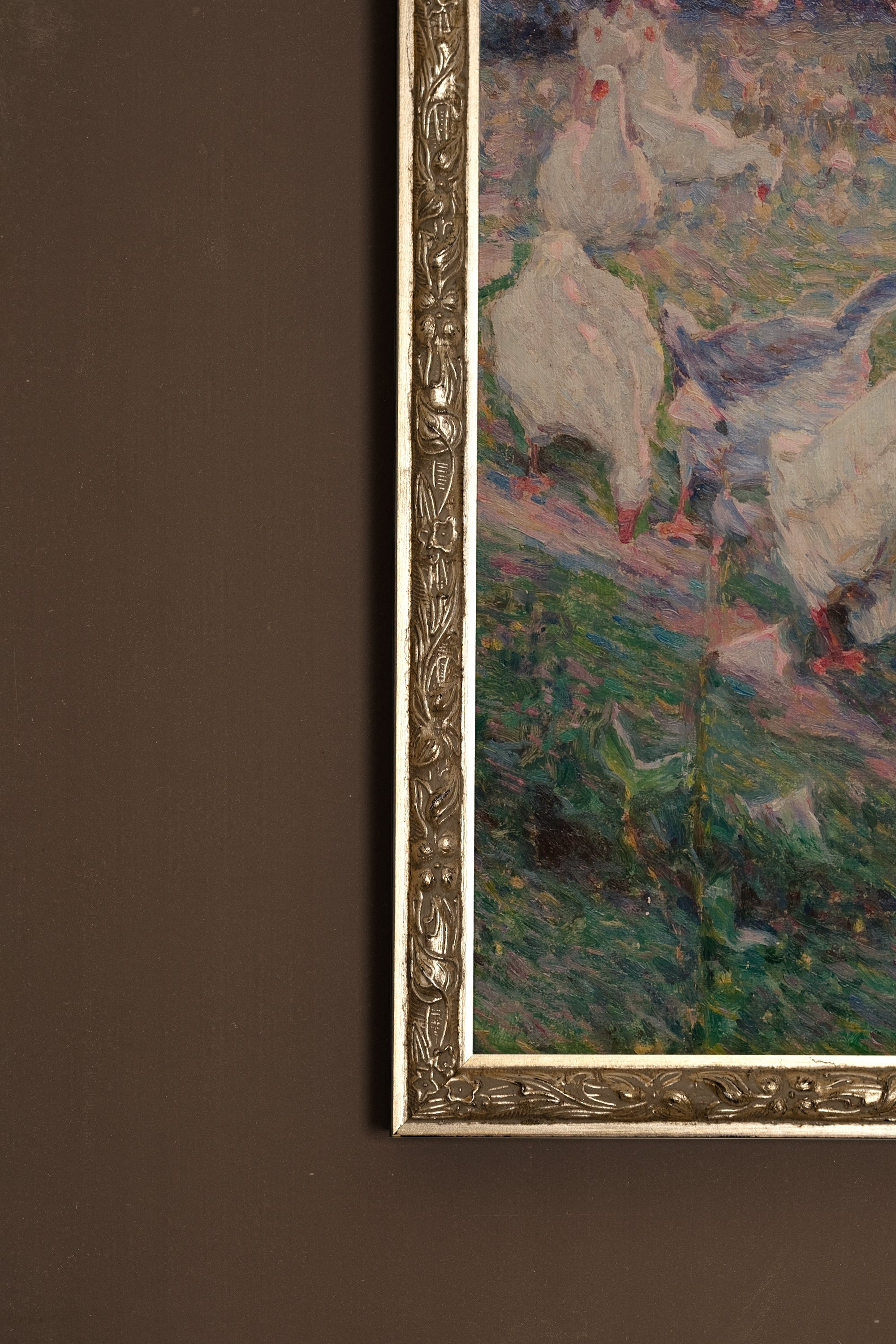 PLUMES AU VENT, Artwork on rigid canvas, framed Vintage Silver