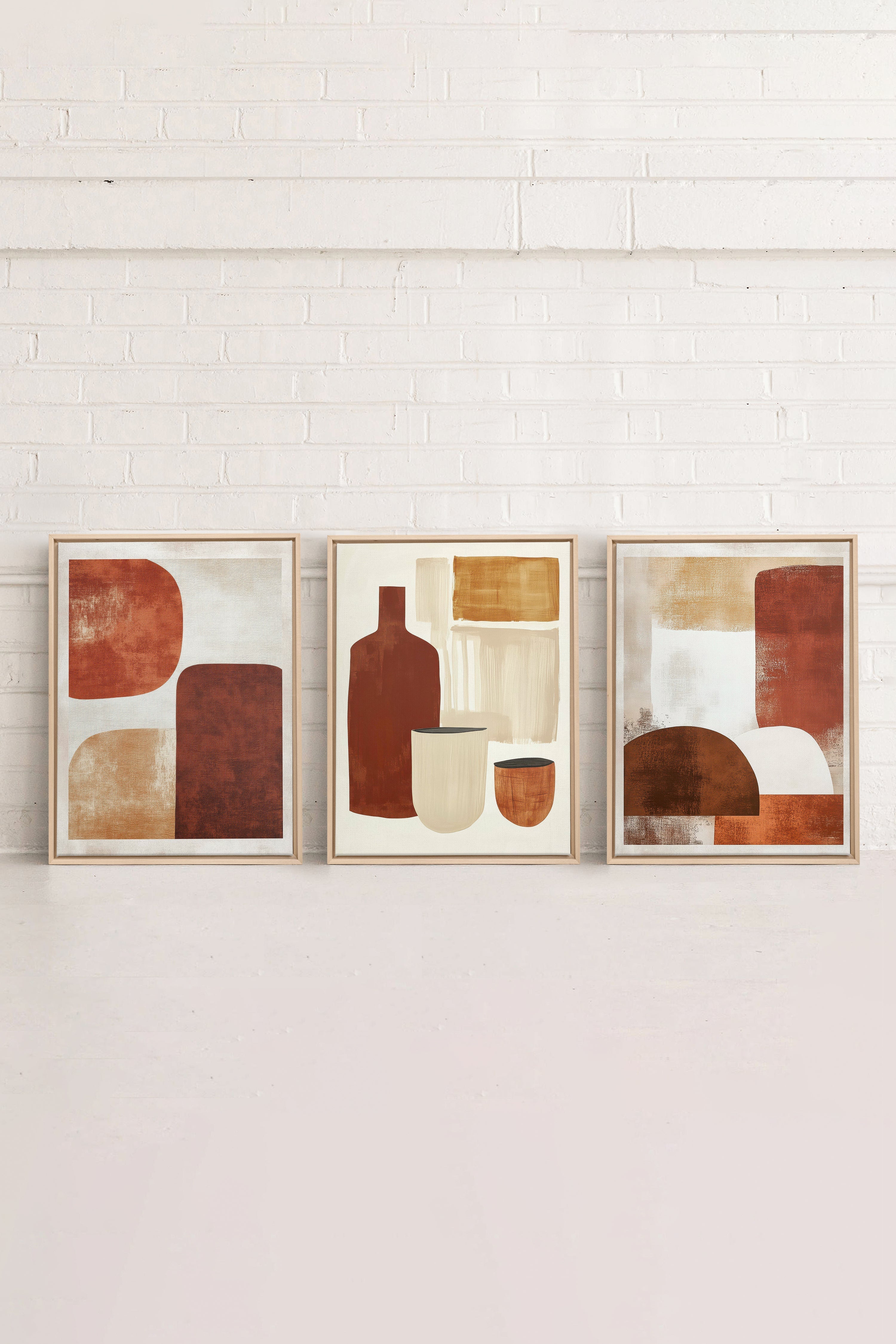 OLEKA CANVAS - EARTHLY CRAFT TRIO, 3 Oeuvres sur toile étirée, encadré Naturel Clair