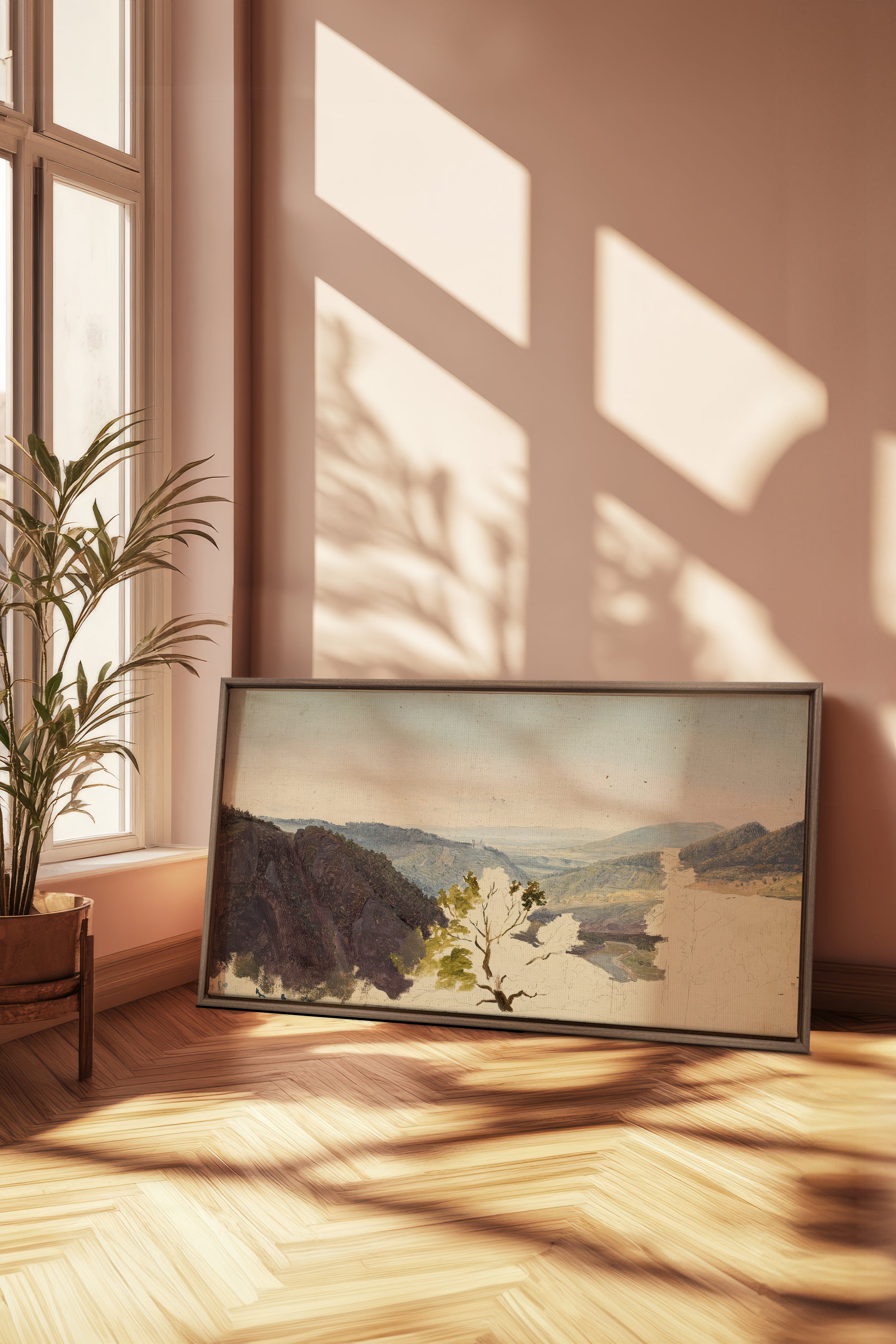 EMERGING VALLEY, Artwork on stretched canvas, framed in Brown Oak