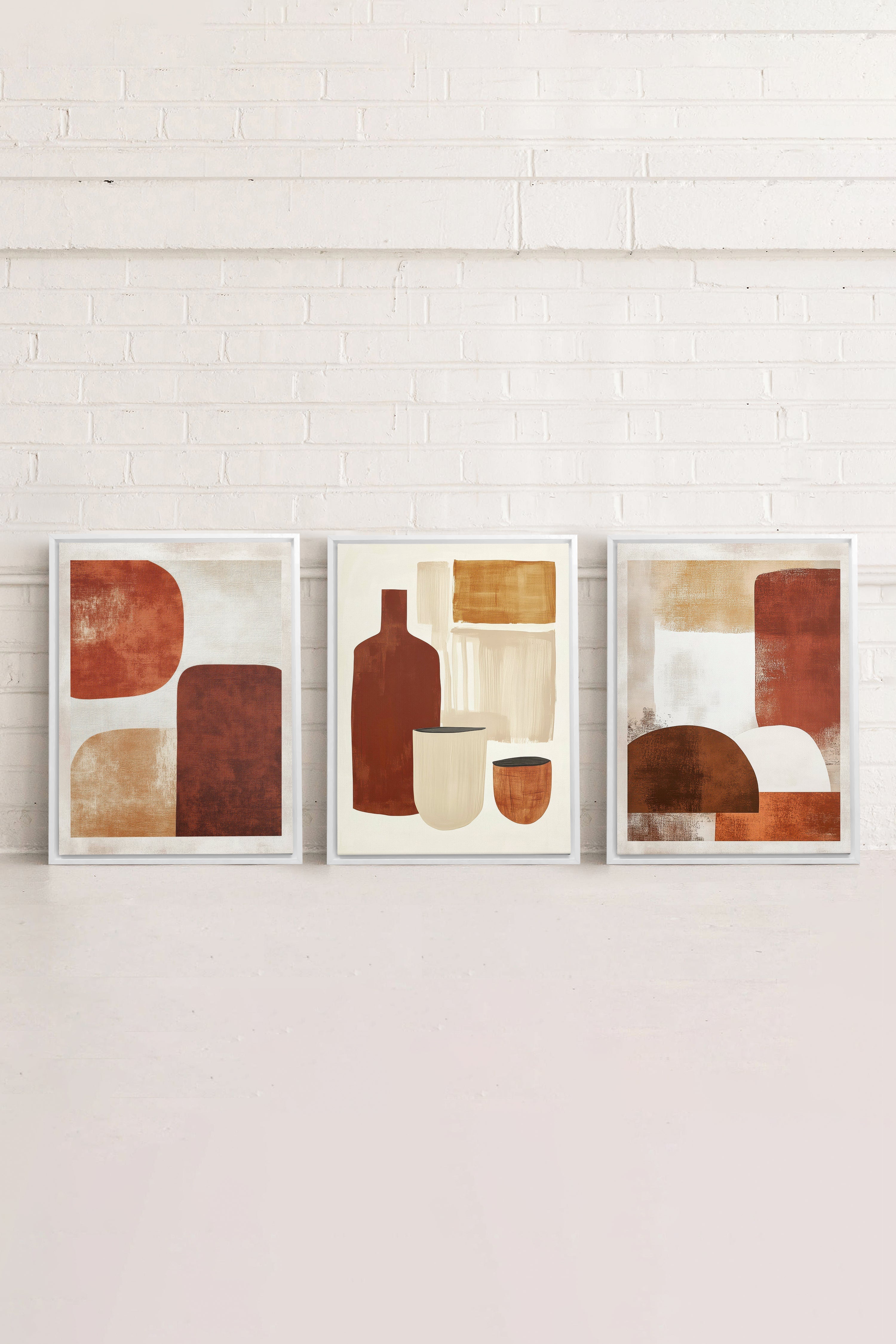 OLEKA CANVAS - EARTHLY CRAFT TRIO, 3 Oeuvres sur toile étirée, encadré Blanc