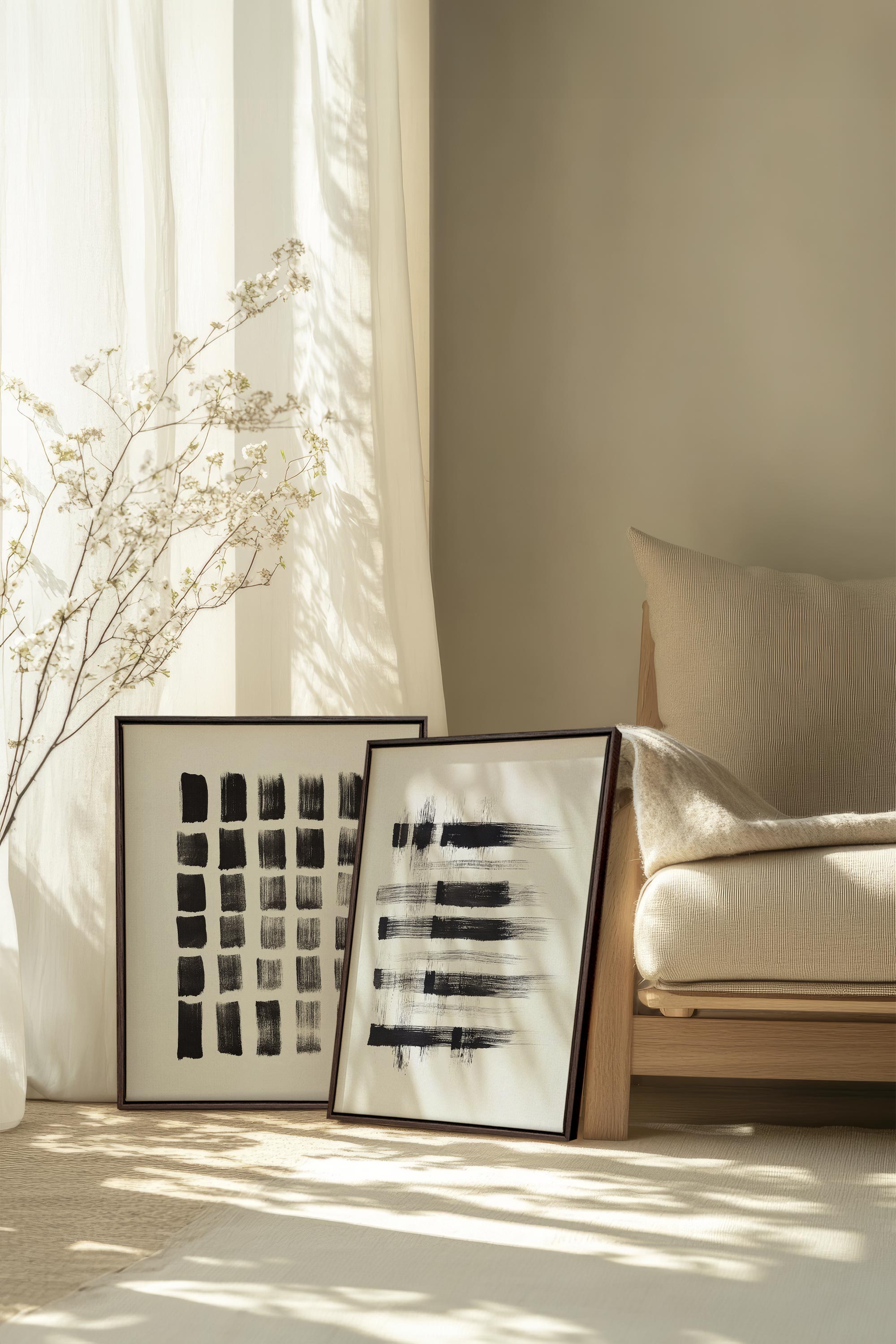 OLEKA CANVAS - LINEAR CONTRAST DUO, 2 Oeuvres sur toile étirée, encadré Brun Noyer