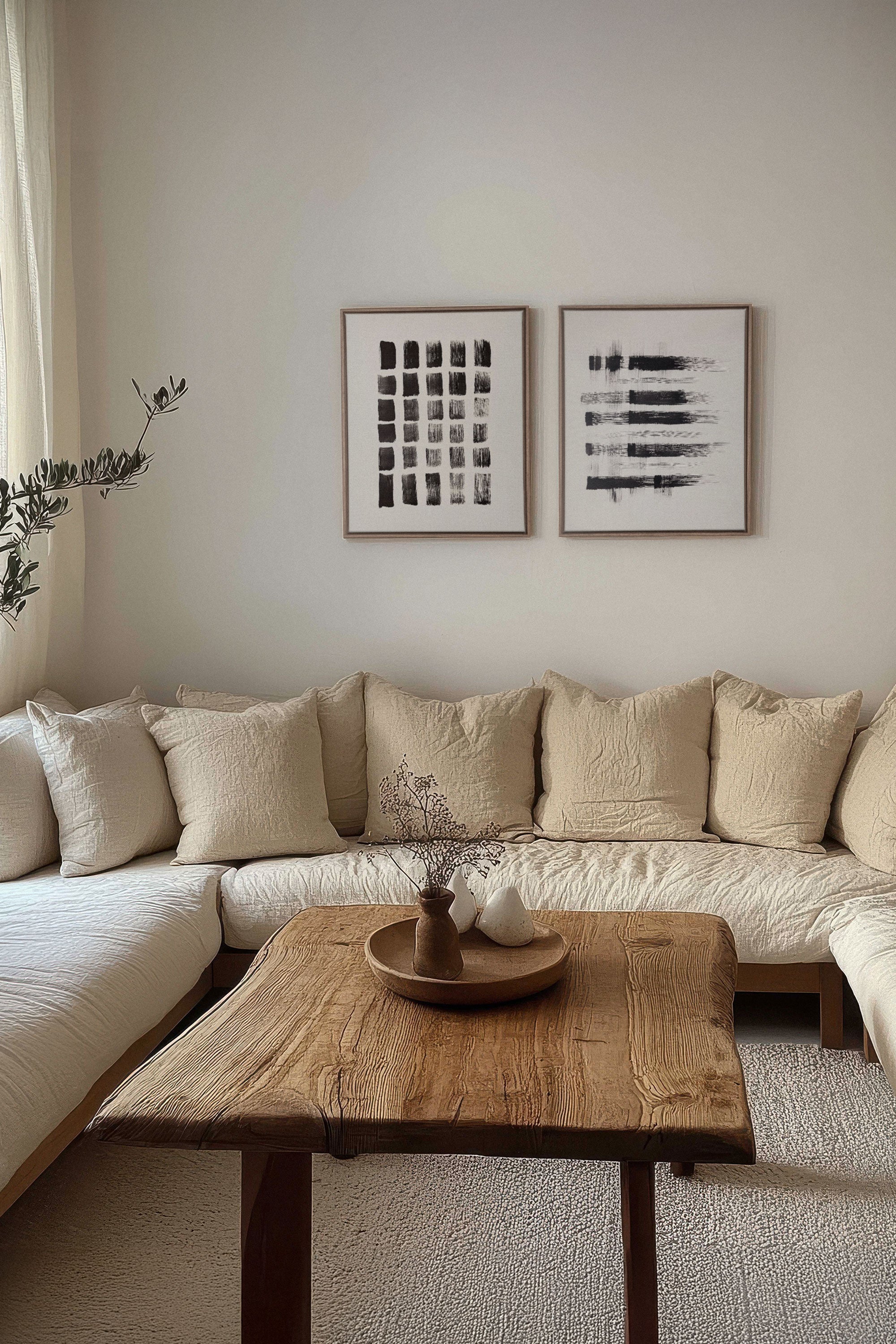 OLEKA CANVAS - LINEAR CONTRAST DUO, 2 Oeuvres sur toile étirée, encadré Brun Chêne