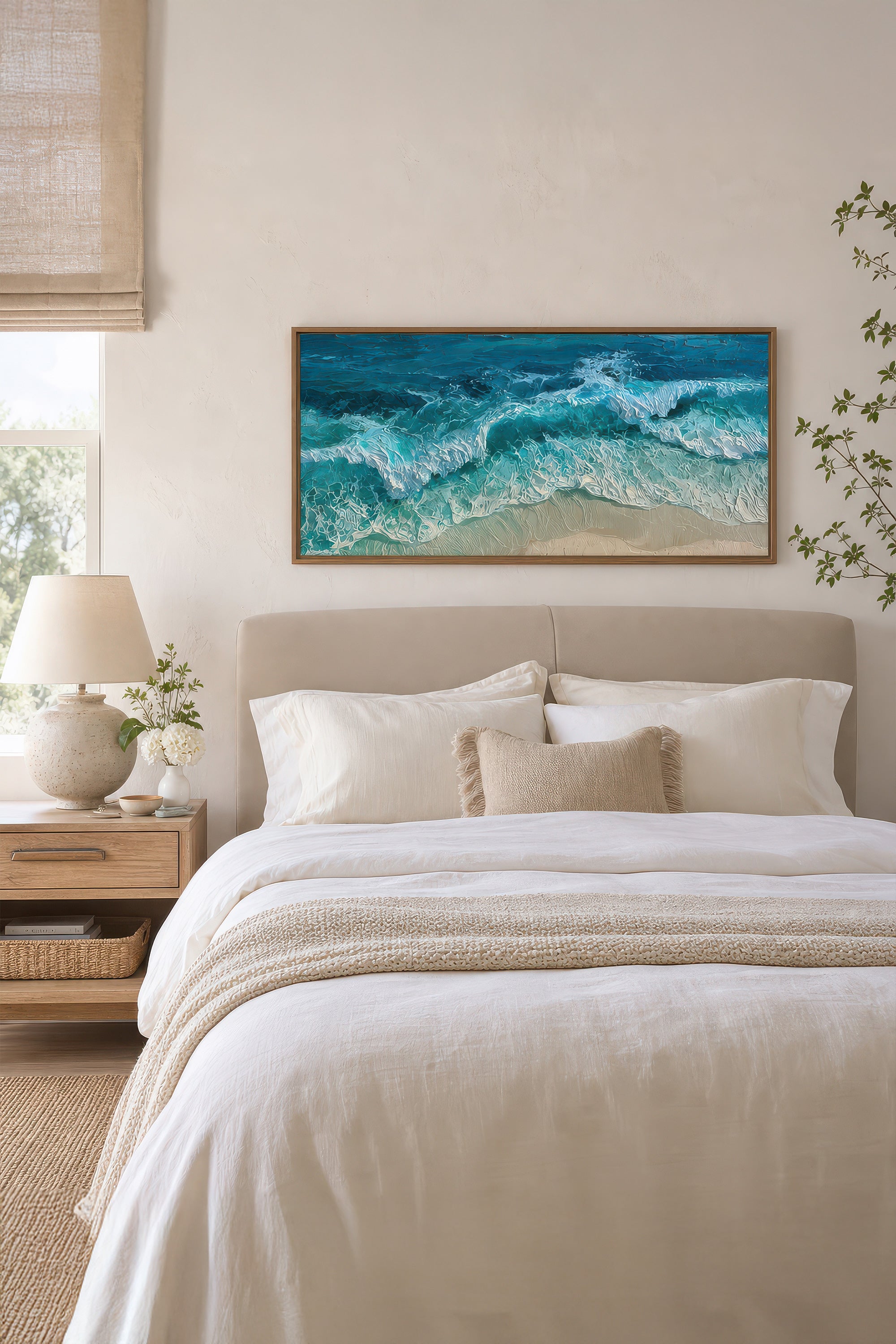 BLEU SALÉ, Oeuvre sur toile étirée, encadré Brun Chêne