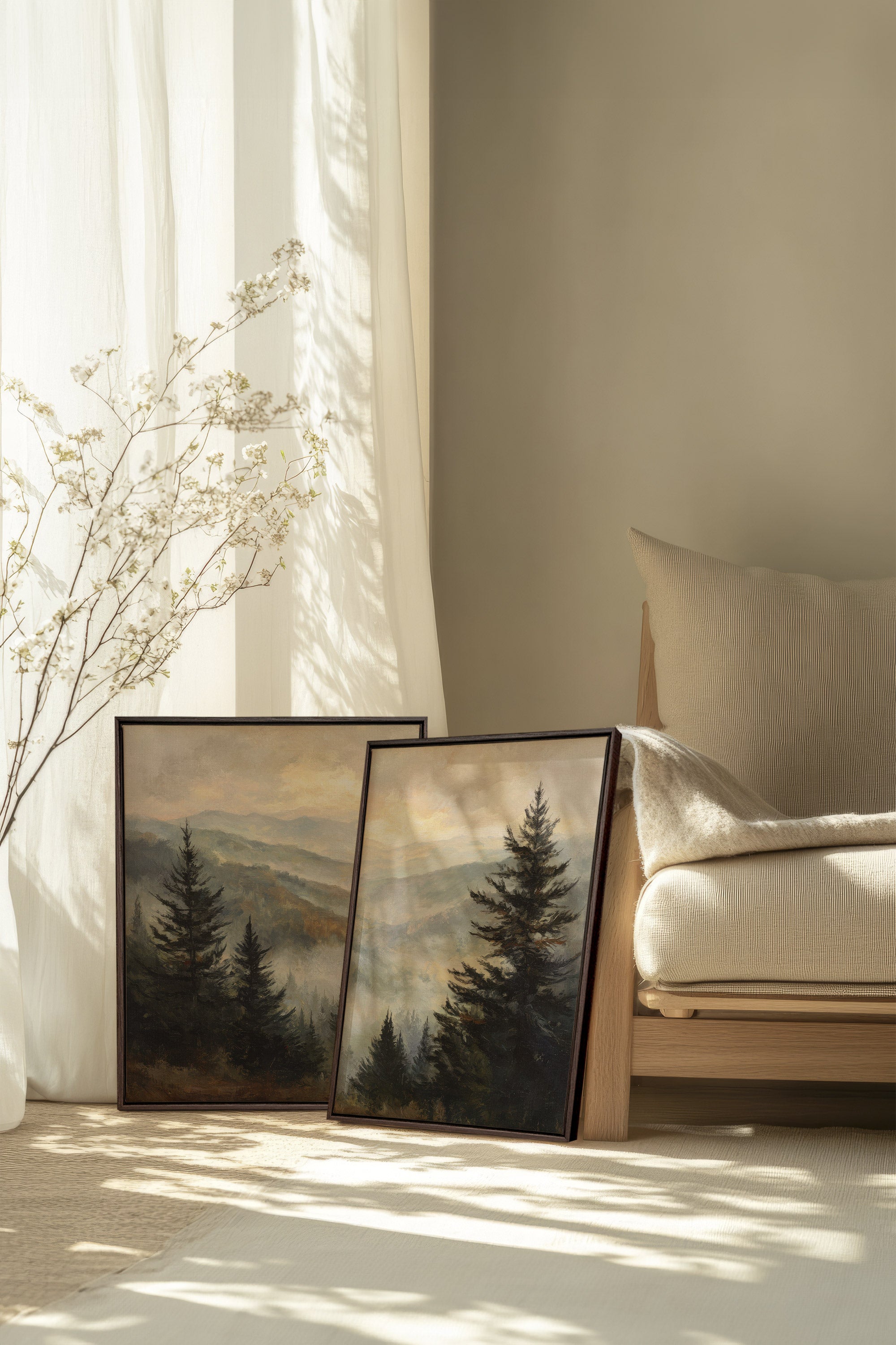 ECHOES IN THE MIST DUO, 2 Works on stretched canvas, framed in Walnut Brown