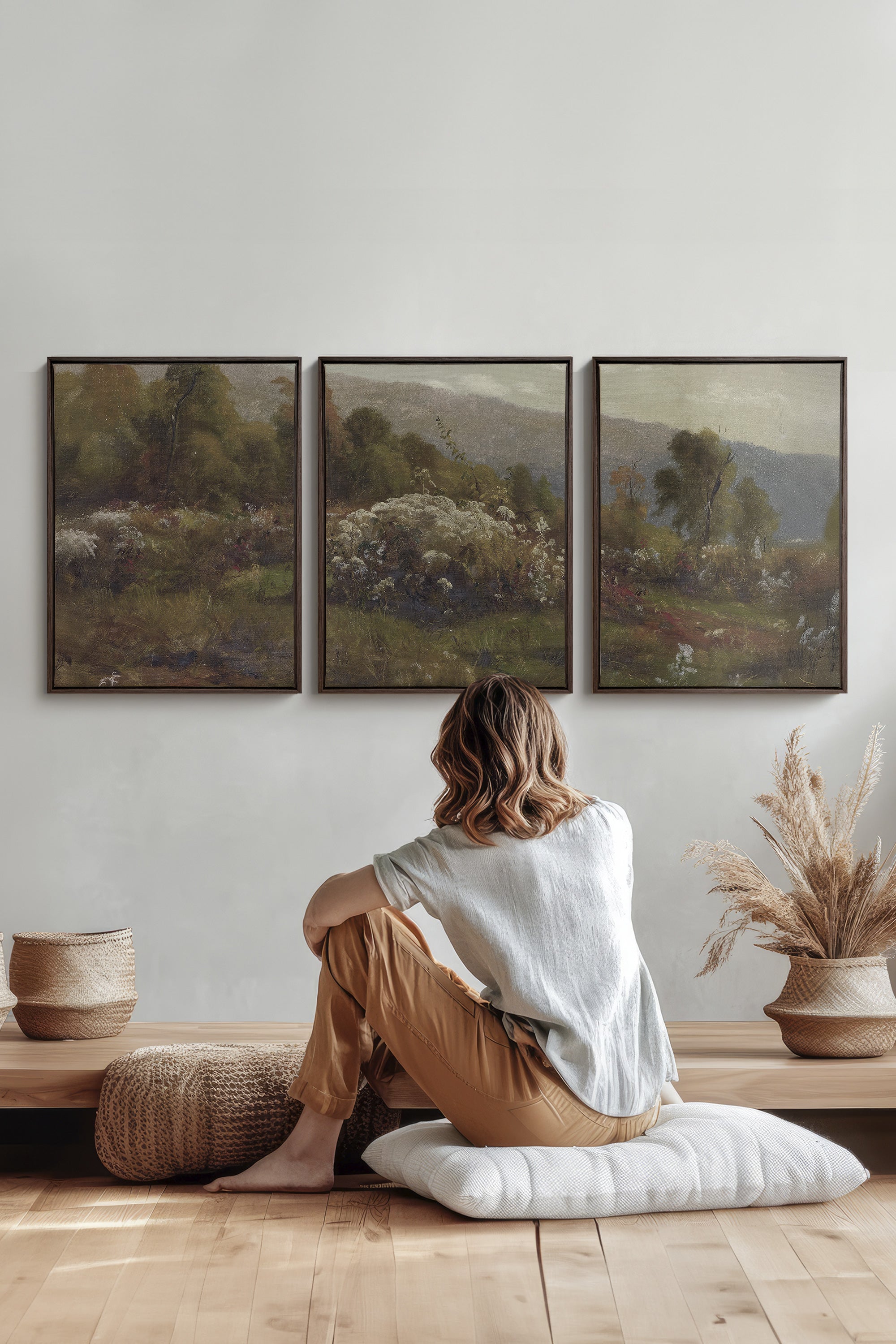 TRIO DOUCEURS CHAMPÊTRES, 3 Oeuvres sur toile étirée, encadré Brun Noyer