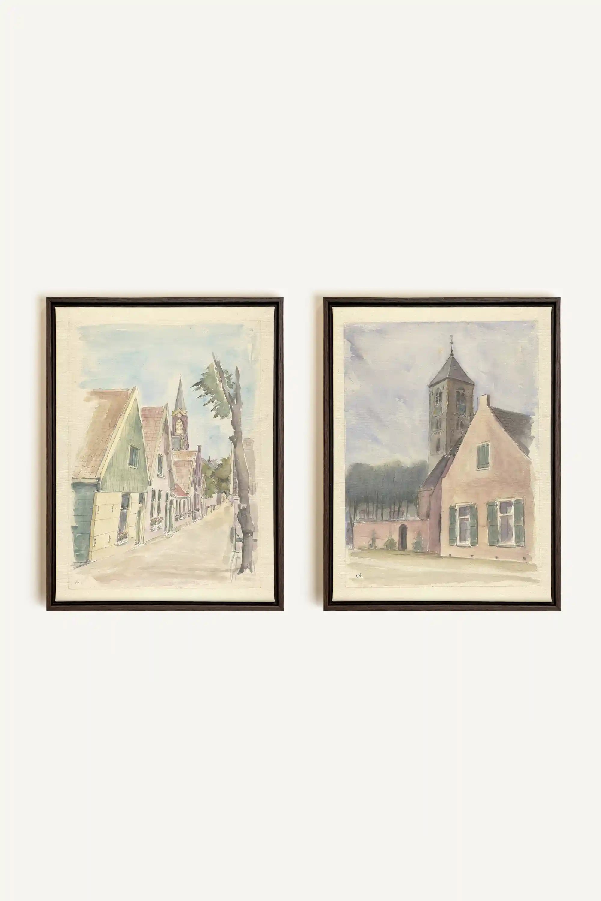 DREAM OF HOUSES DUO, 2 Works on stretched canvas, framed Walnut Brown