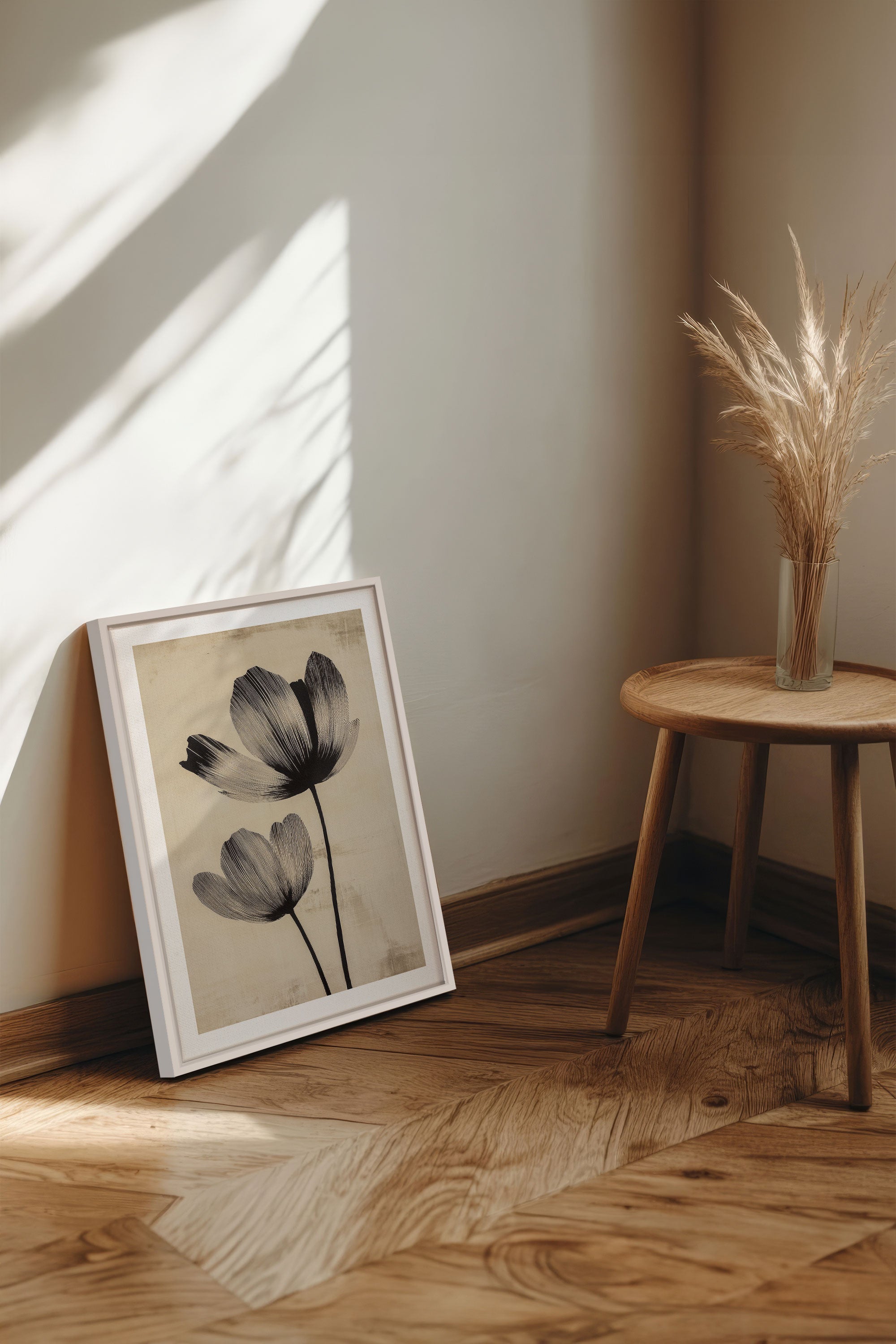 OLEKA CANVAS - EBONY FLOWERS, Oeuvre sur toile étirée, encadré Blanc