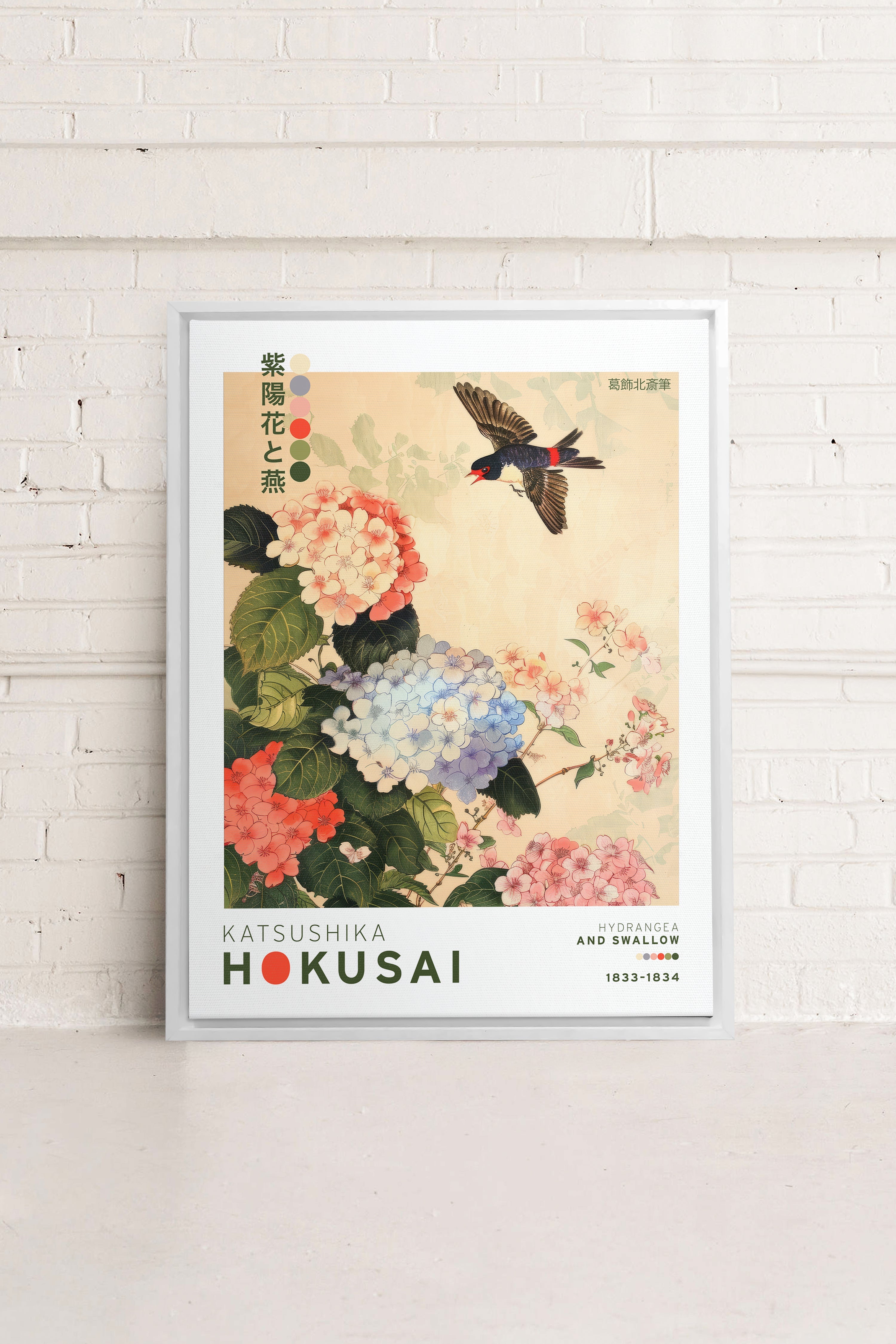 OLEKA CANVAS - HYDRANGEA AND SWALLOW, Oeuvre sur toile étirée, encadré Blanc