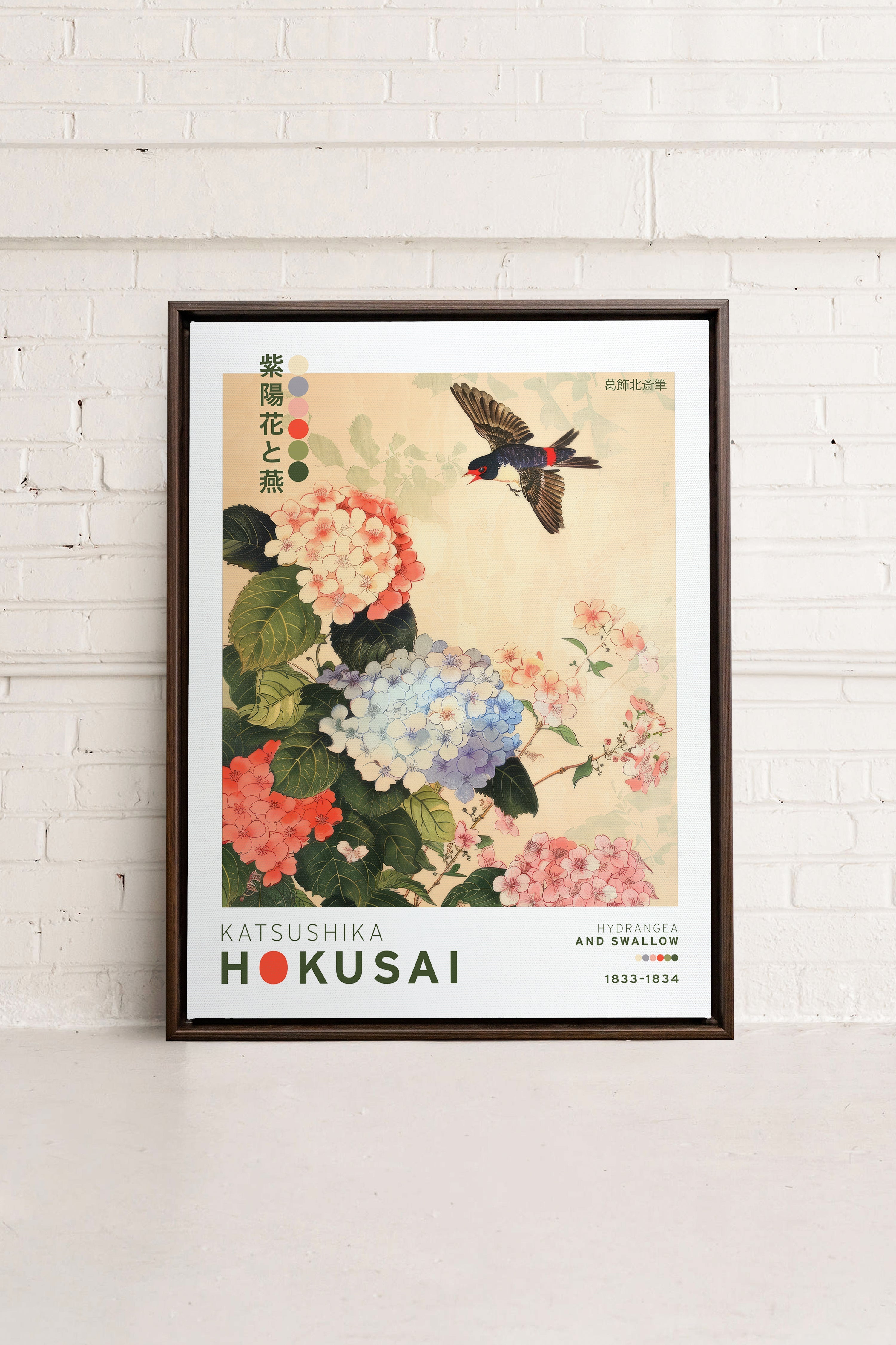 OLEKA CANVAS - HYDRANGEA AND SWALLOW, Oeuvre sur toile étirée, encadré Brun Noyer