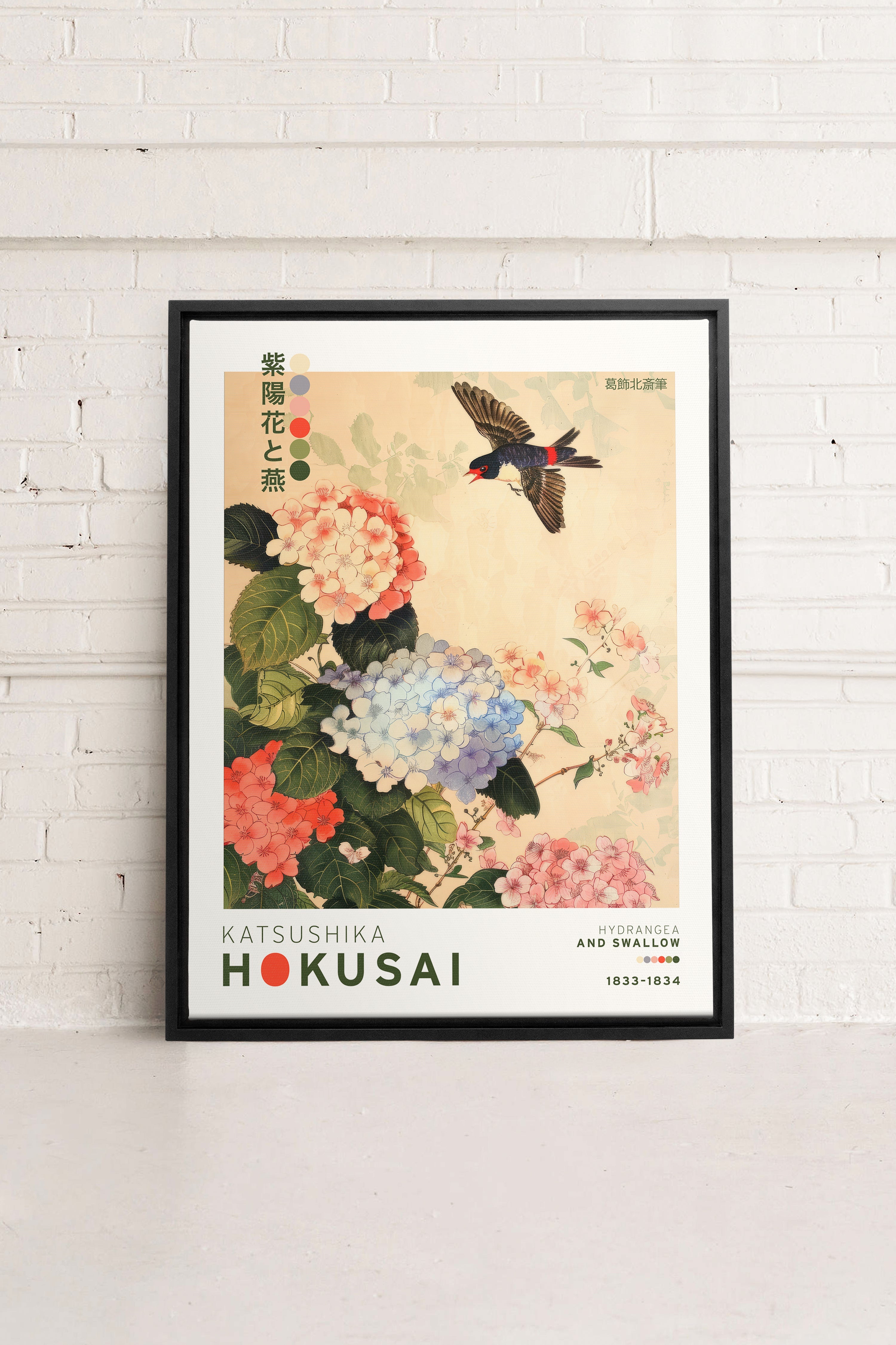 OLEKA CANVAS - HYDRANGEA AND SWALLOW, Oeuvre sur toile étirée, encadré Noir