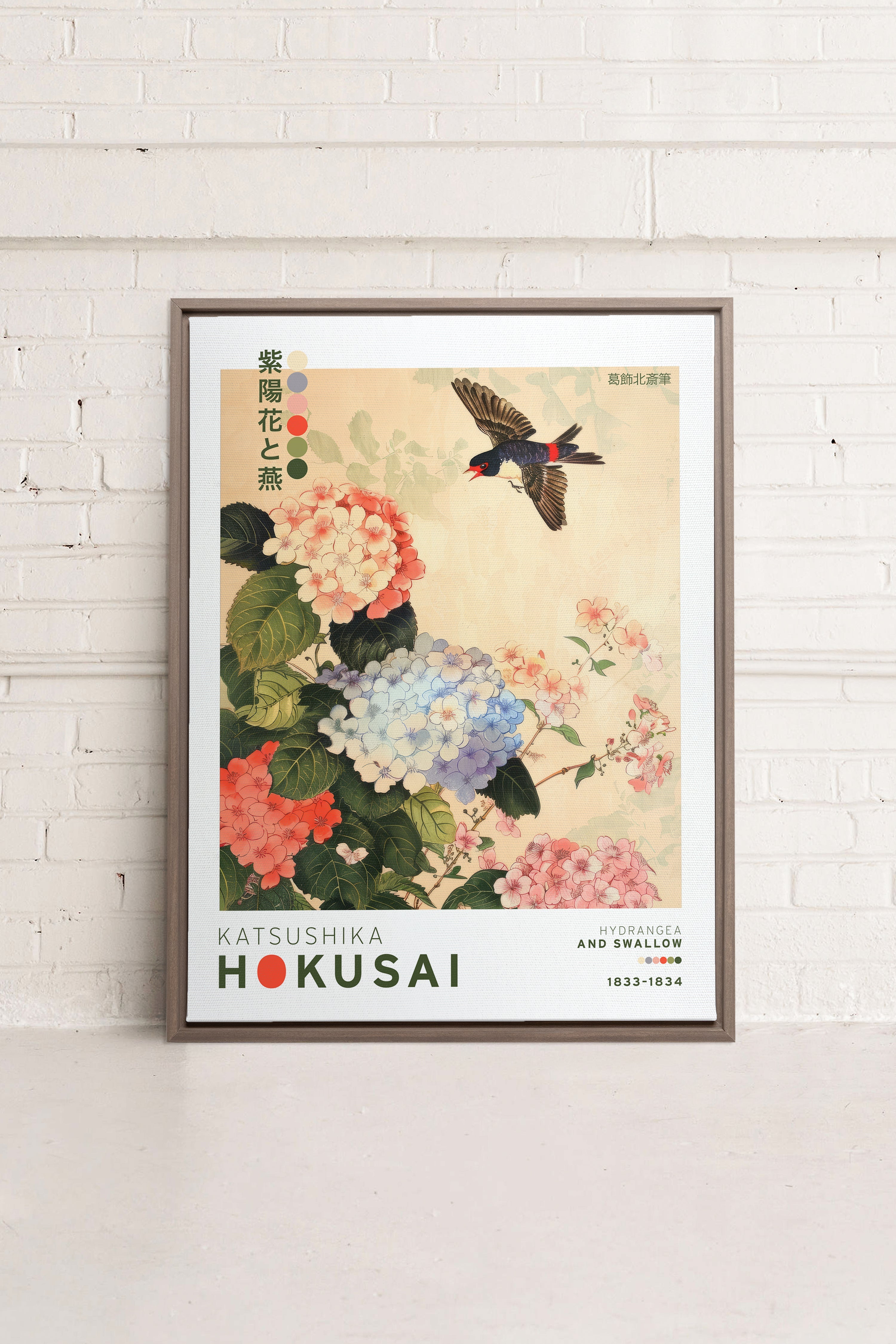 OLEKA CANVAS - HYDRANGEA AND SWALLOW, Oeuvre sur toile étirée, encadré Brun Chêne