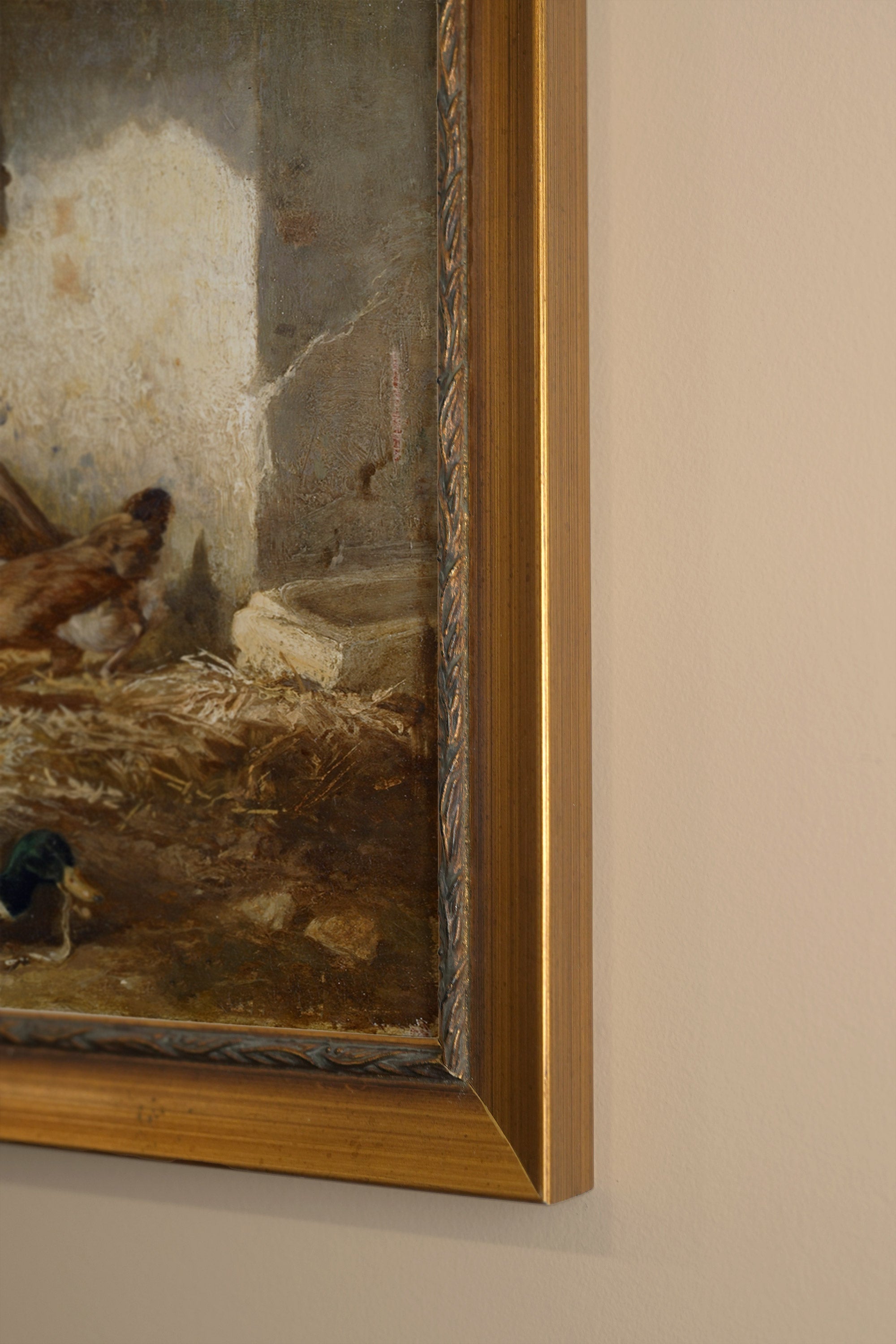 ÉVEIL DE LA FERME, Artwork on rigid canvas, framed in Vintage Gold