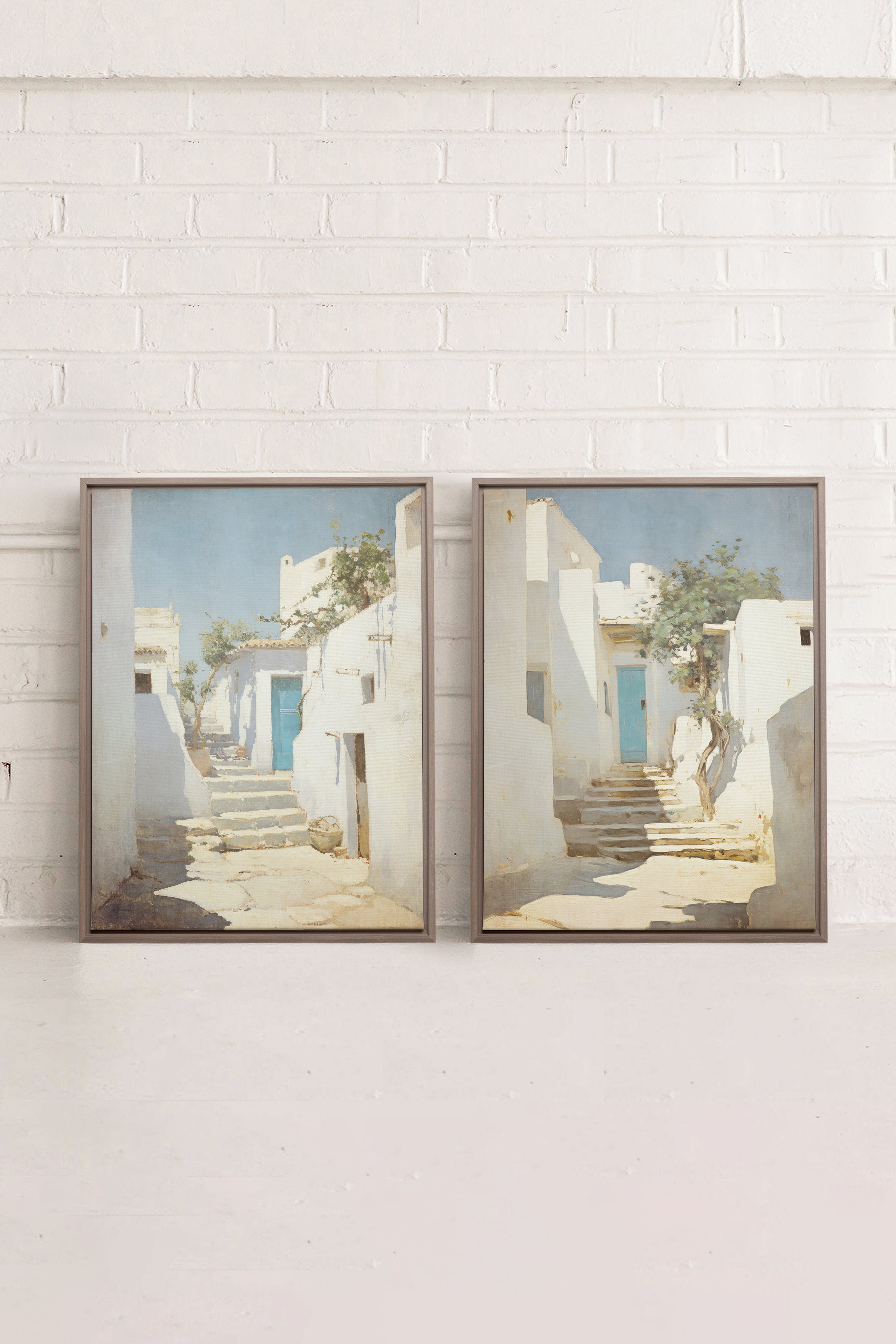 COMBINAISON VINTAGE GREEK VILLAS, 2 Works on stretched canvas, framed Oak Brown