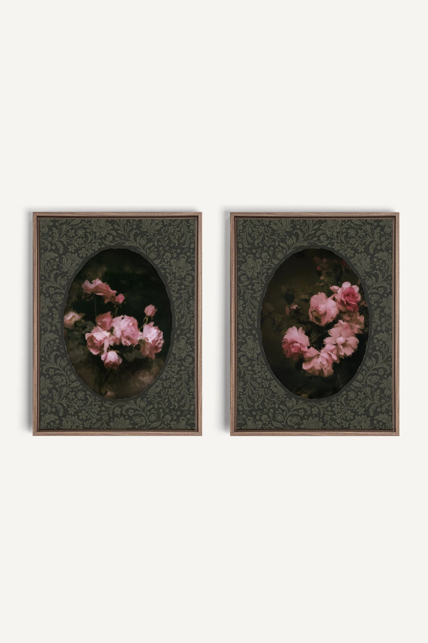 ROSES NOCTURNES DUO, 2 Oeuvres sur toile étirée, encadré Brun Chêne