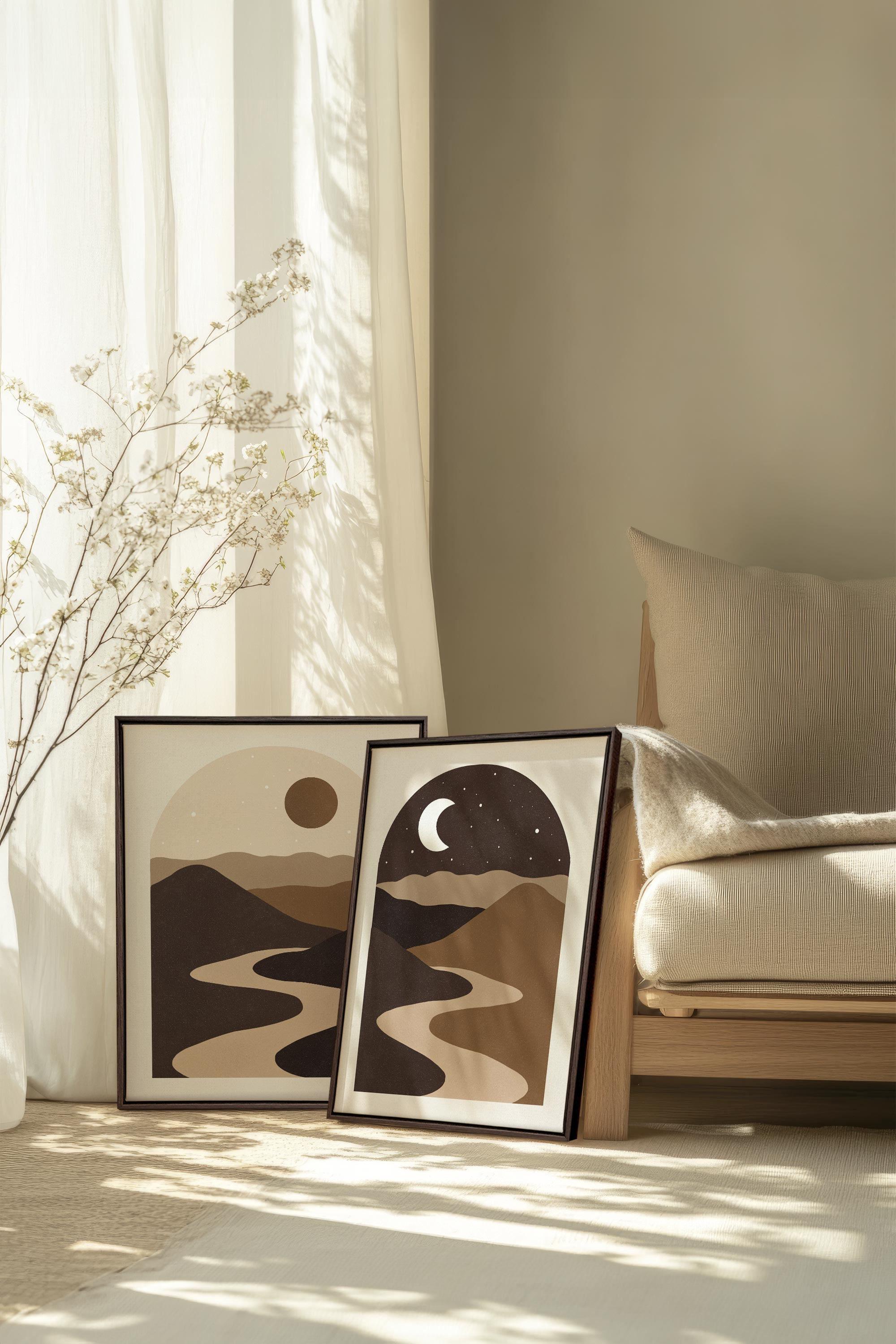 OLEKA CANVAS - DESERT DREAMS DUO, 2 Oeuvres sur toile étirée, encadré Brun Noyer