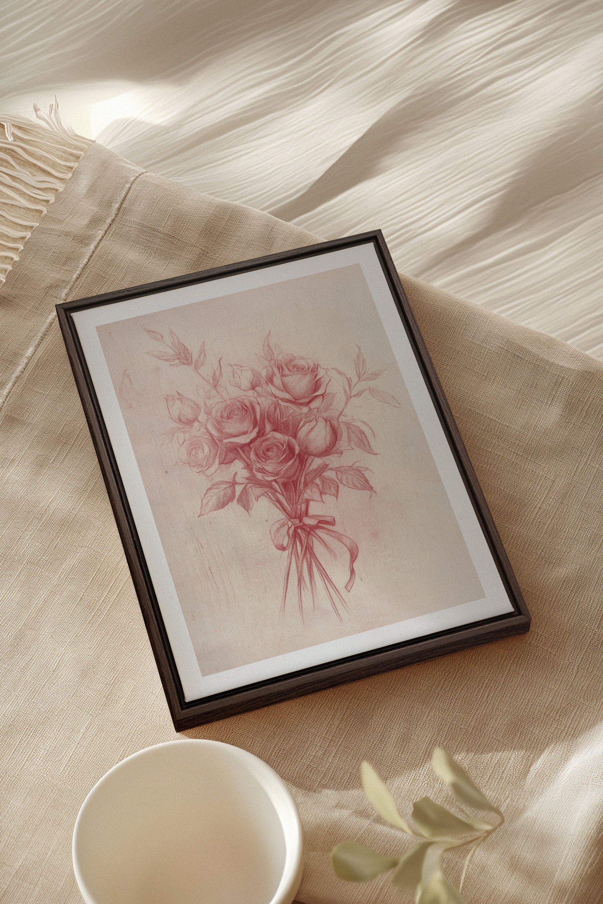 OLEKA CANVAS - ÉCLATS DE ROSES, Oeuvre sur toile étirée, encadré Brun Noyer