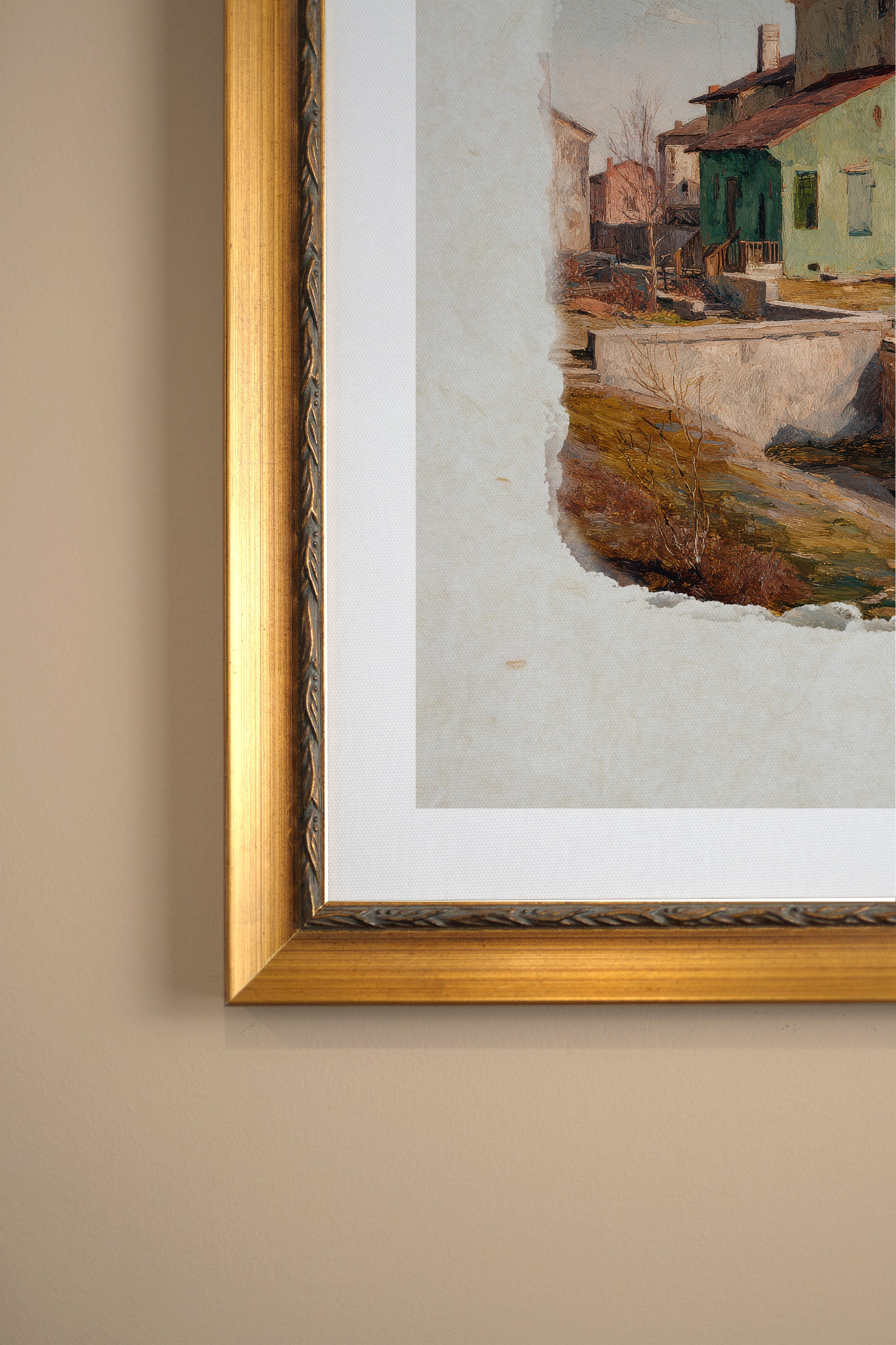 SUNLIT WALLS, Artwork on rigid canvas, framed in Vintage Gold