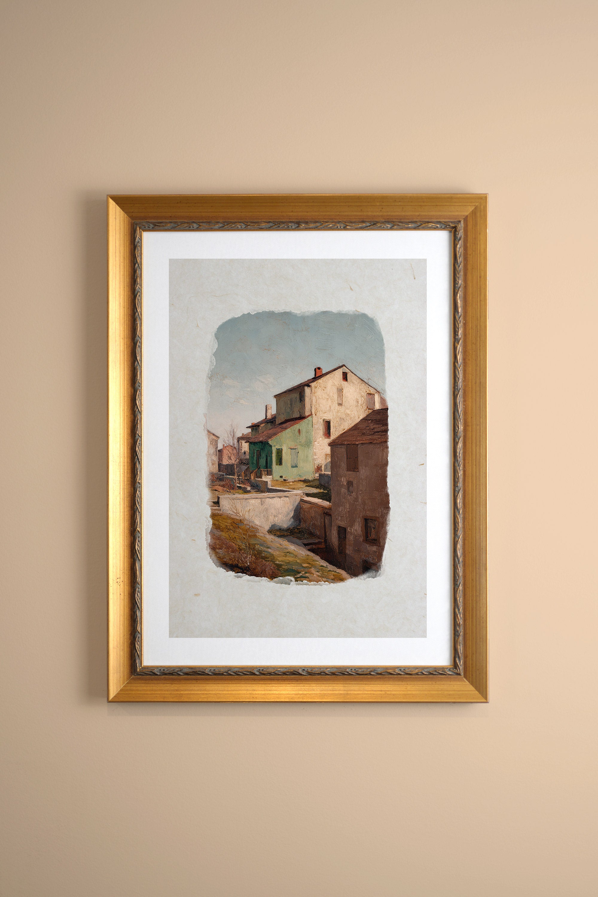 SUNLIT WALLS, Artwork on rigid canvas, framed in Vintage Gold
