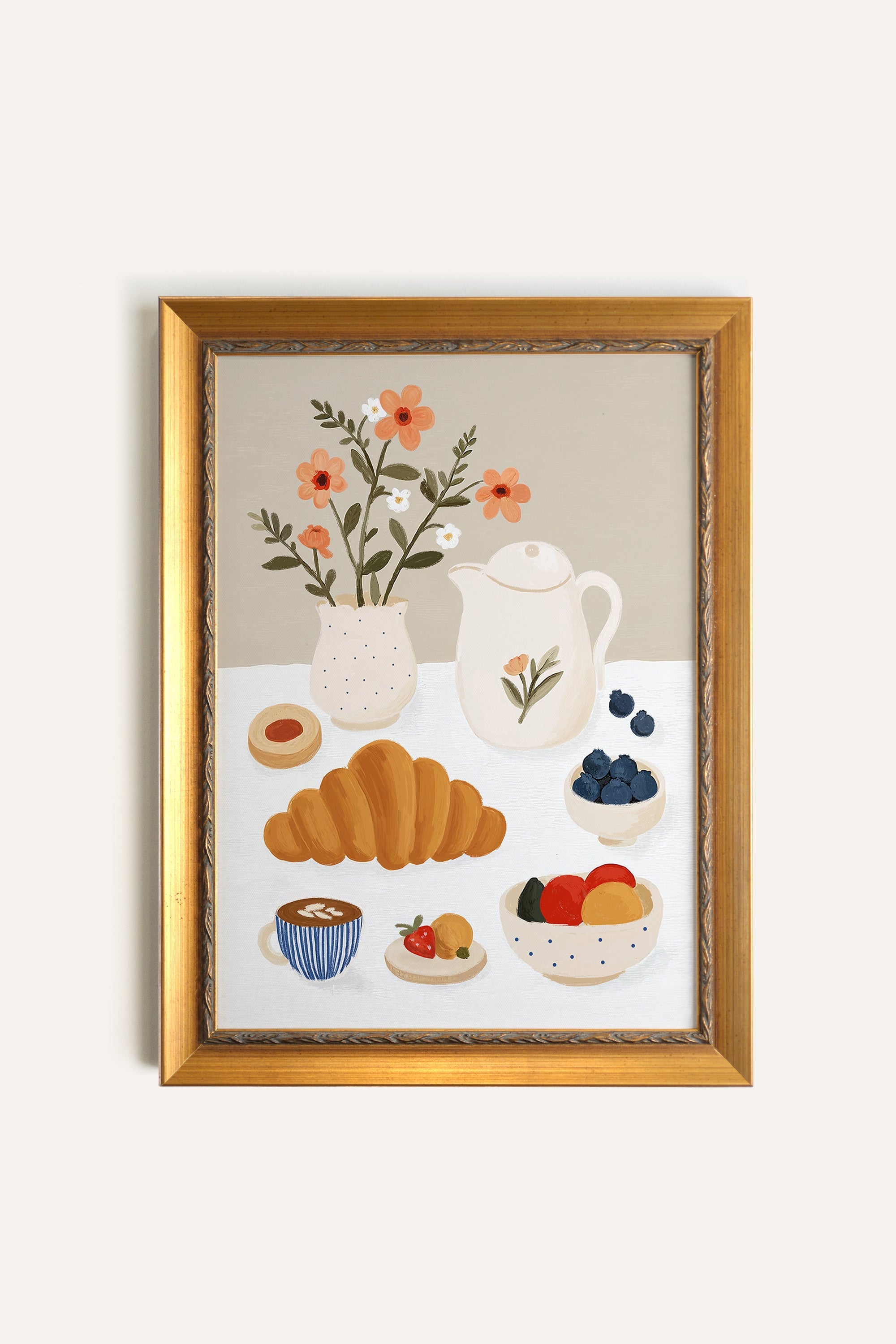 PETIT DÉJEUNER FLEURI, Artwork on rigid canvas, framed in Vintage Gold