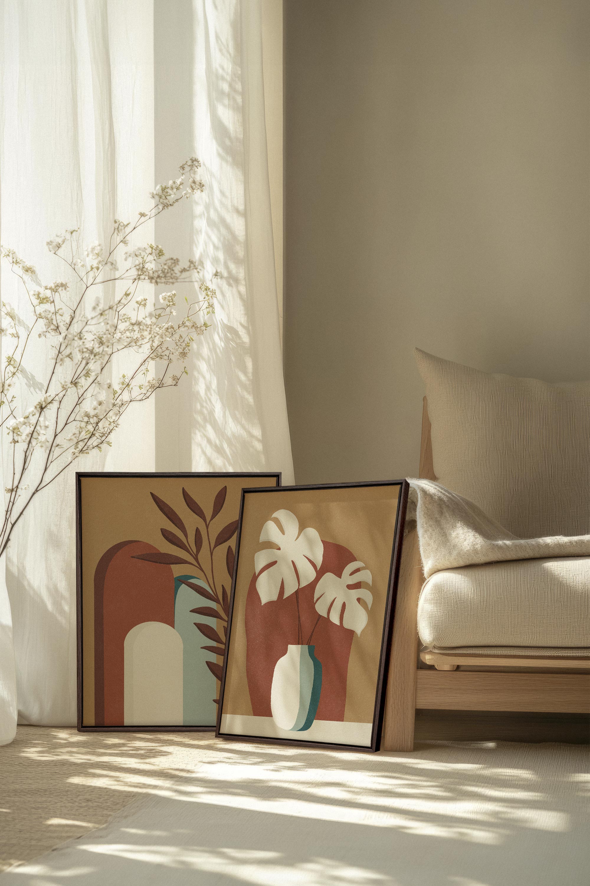 OLEKA CANVAS - TERRACOTTA OASIS, 2 Oeuvres sur toile étirée, encadré Brun Noyer