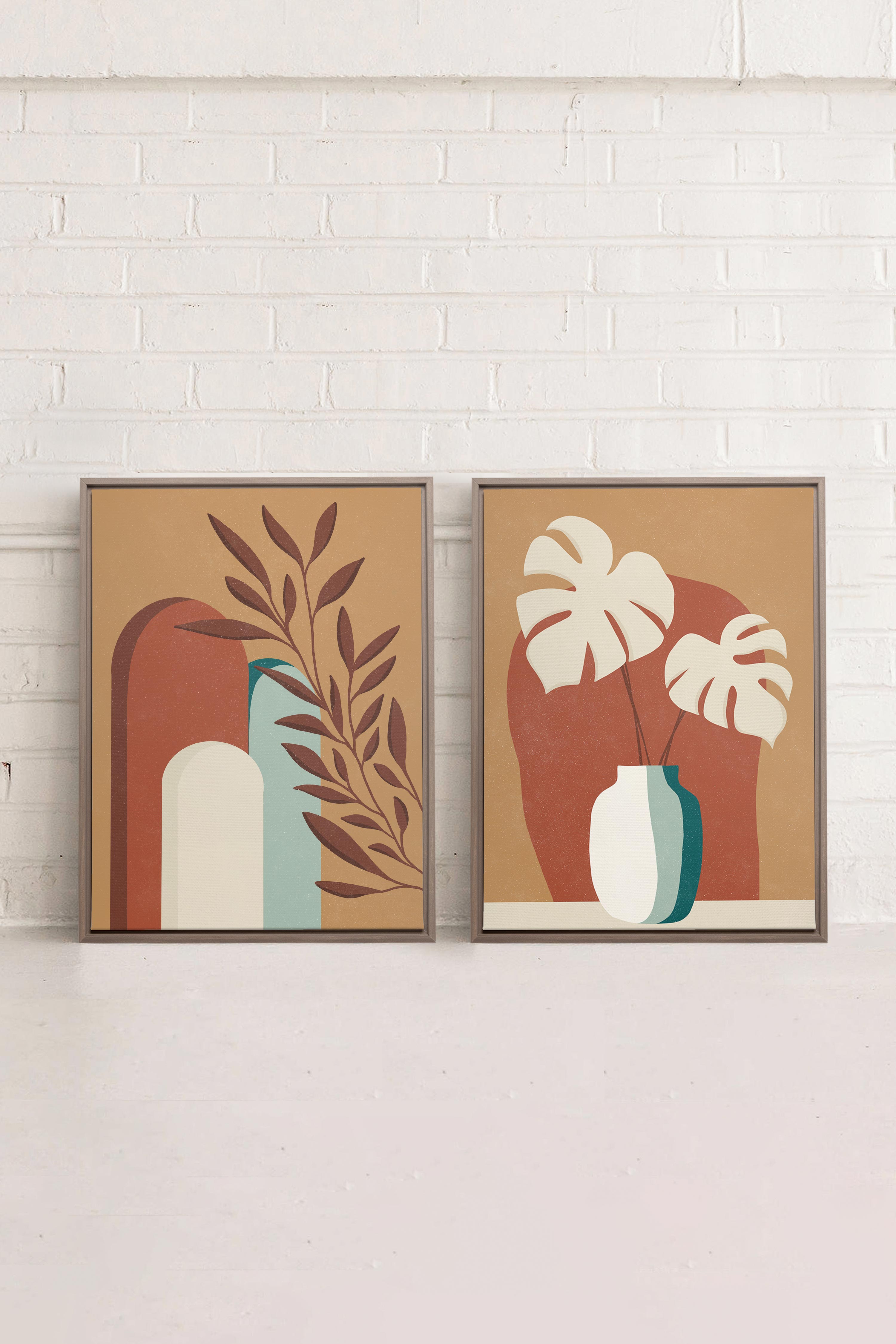 OLEKA CANVAS - TERRACOTTA OASIS, 2 Oeuvres sur toile étirée, encadré Brun Chêne