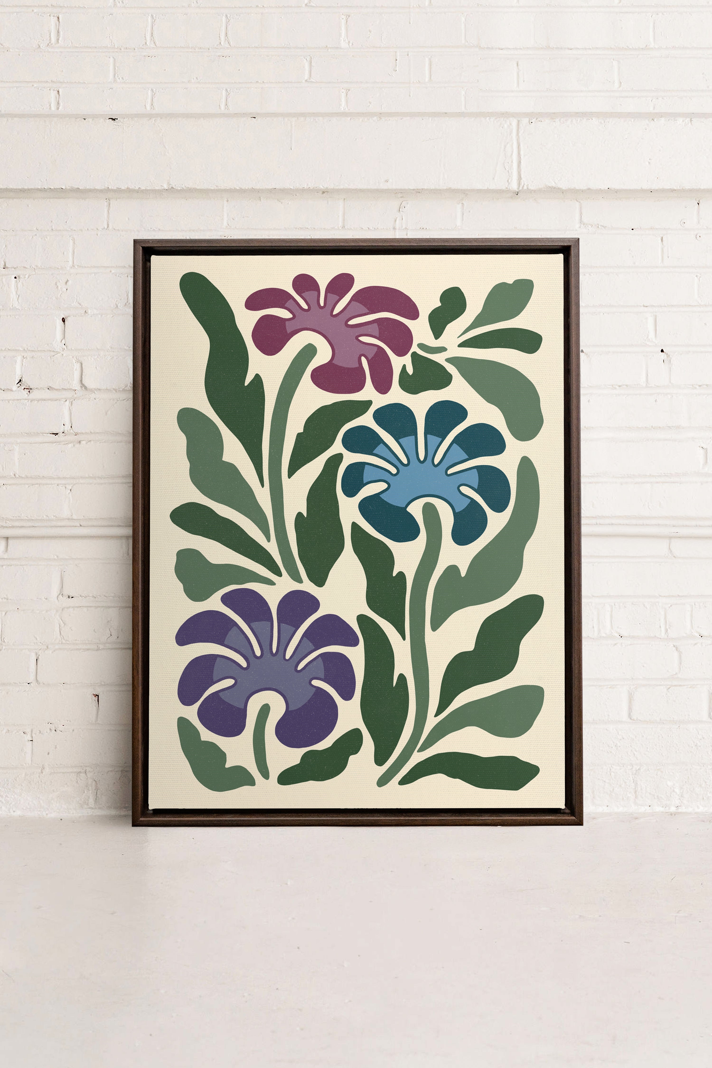 OLEKA CANVAS - MYSTIC AZURE BLOOMS, Oeuvre sur toile étirée, encadré Brun Noyer