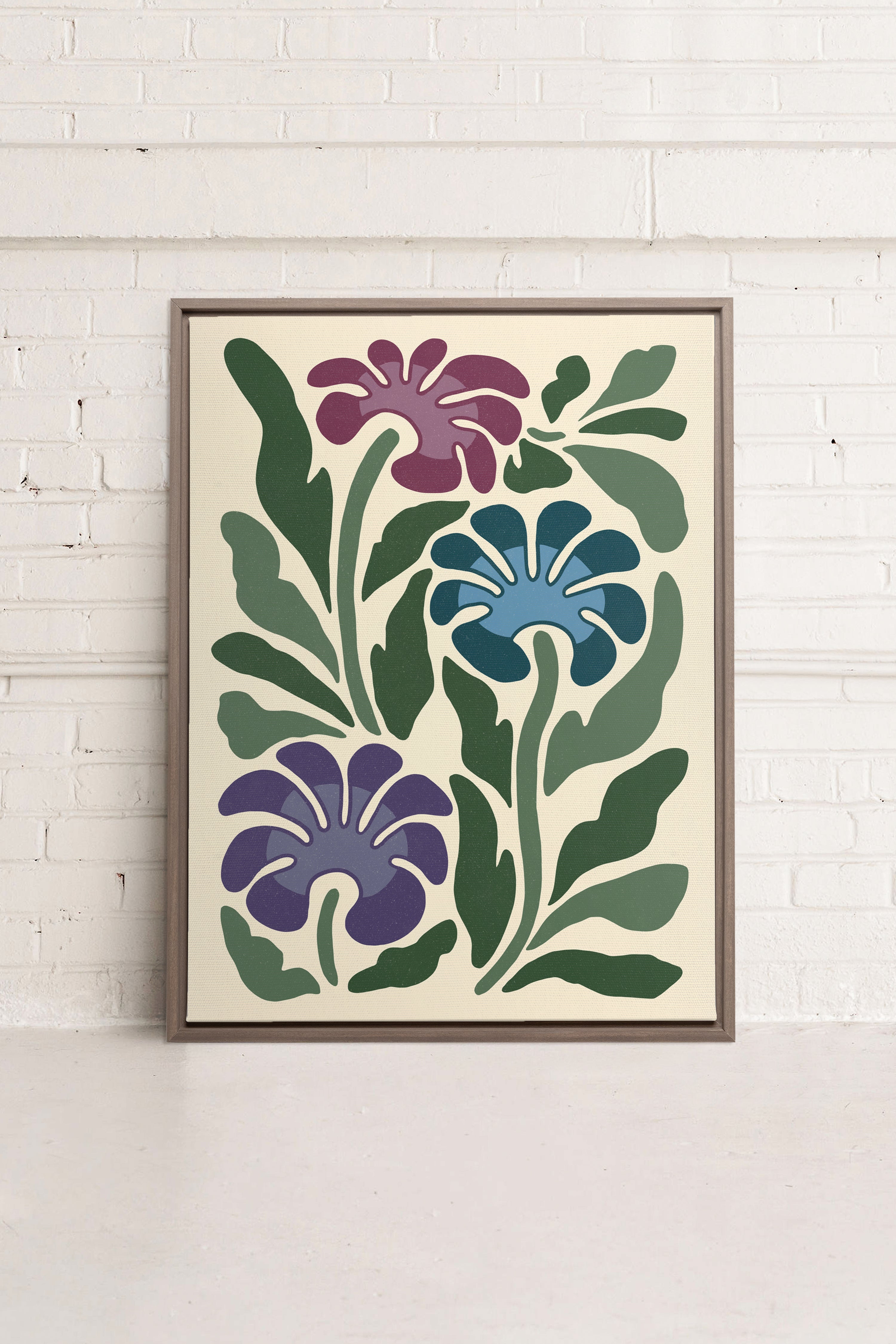 OLEKA CANVAS - MYSTIC AZURE BLOOMS, Oeuvre sur toile étirée, encadré Brun Chêne