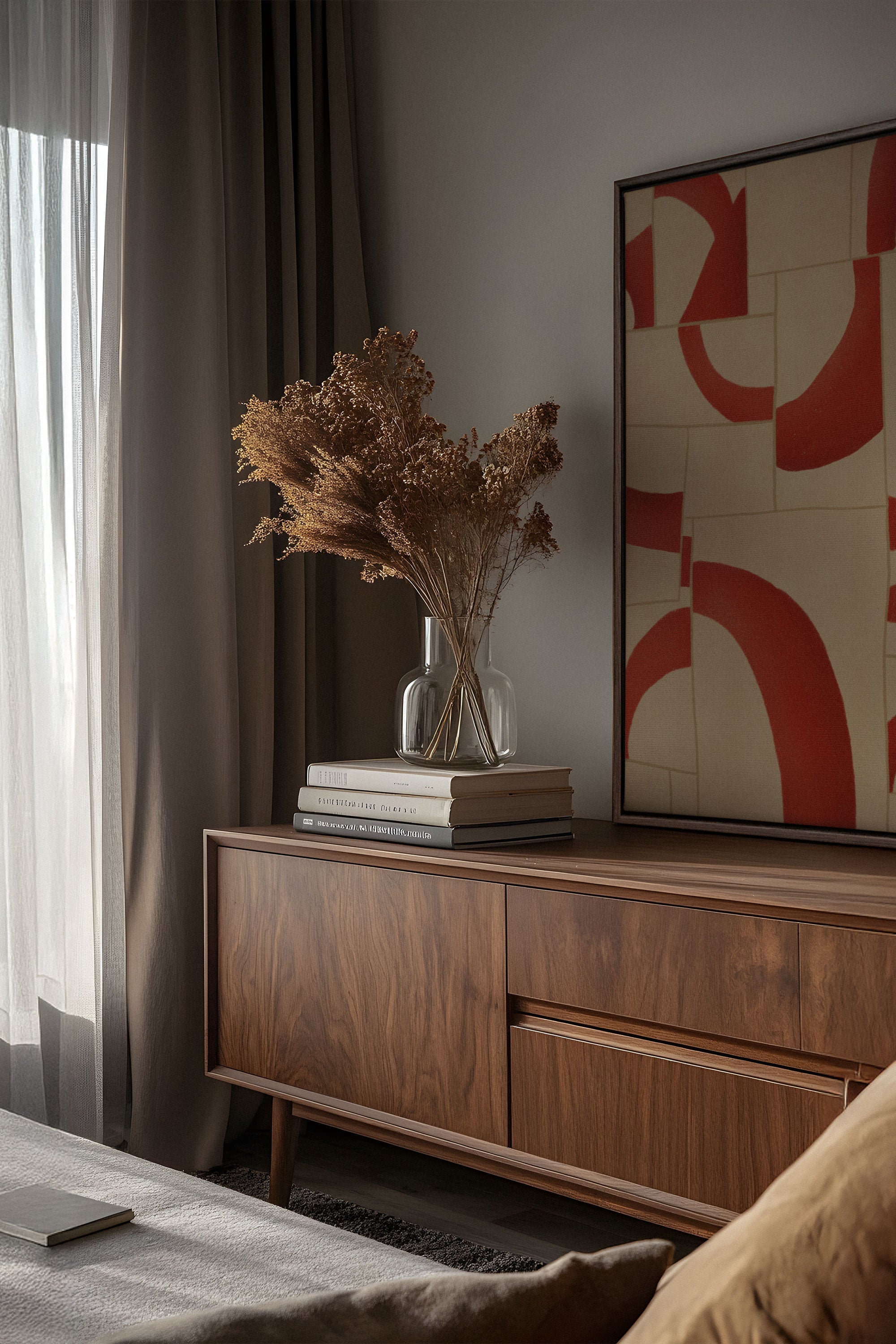 OLEKA CANVAS - RED MOSAIC, Oeuvre sur toile étirée, encadré Brun Noyer