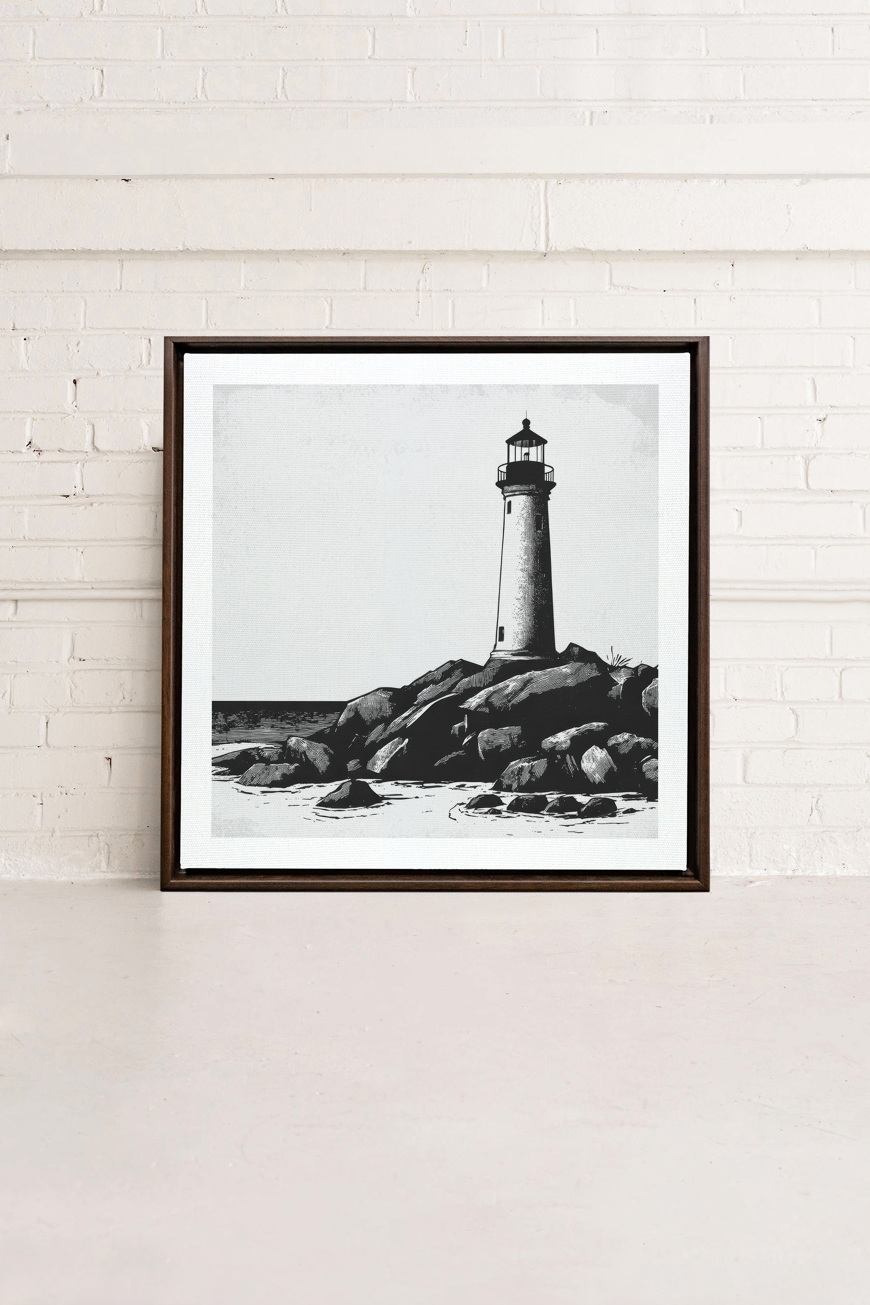 OLEKA CANVAS - ROCKY SHORE LIGHT, Oeuvre sur toile étirée, encadré Brun Noyer