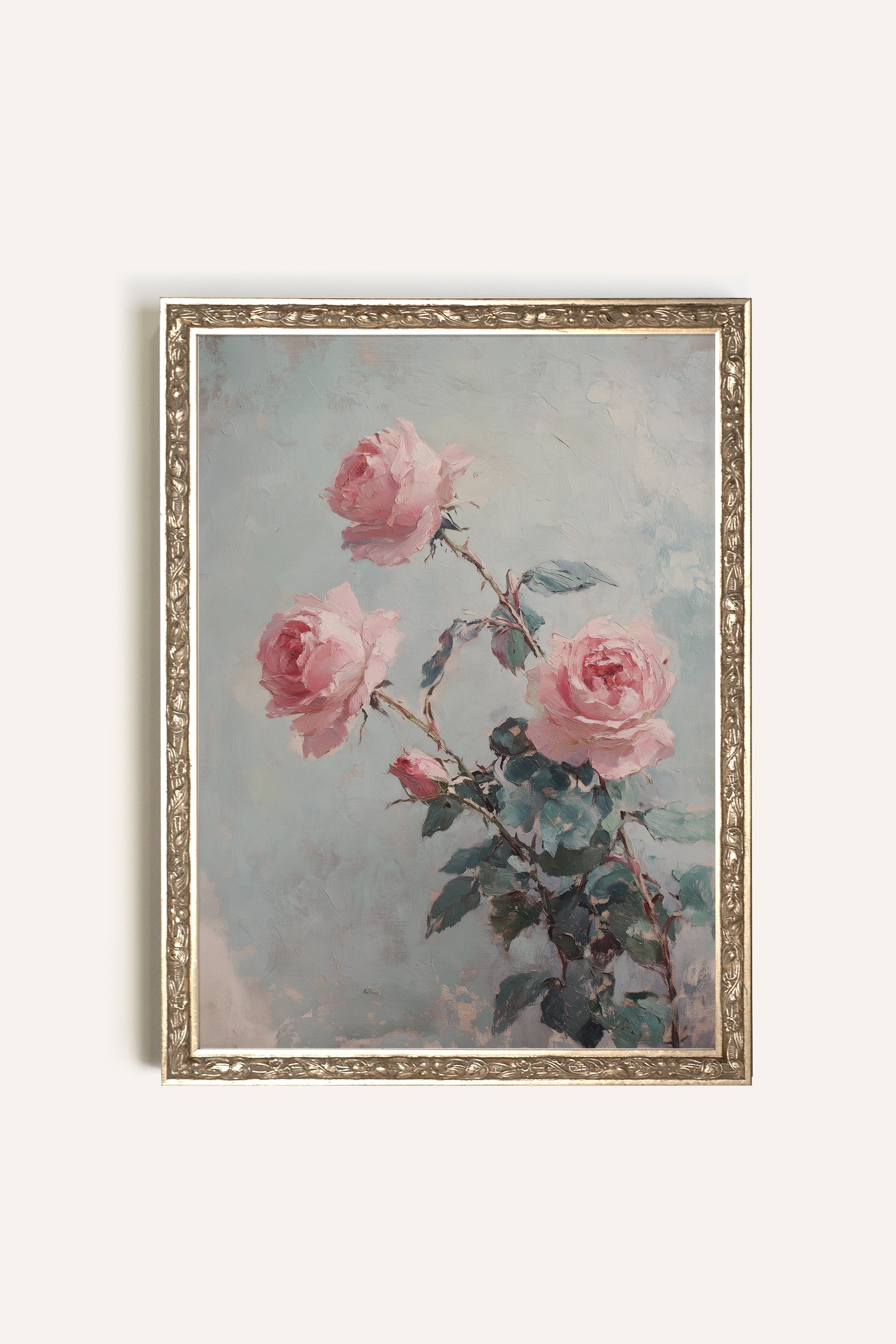 ROSES POUDRÉES, Artwork on rigid canvas, framed Vintage Silver