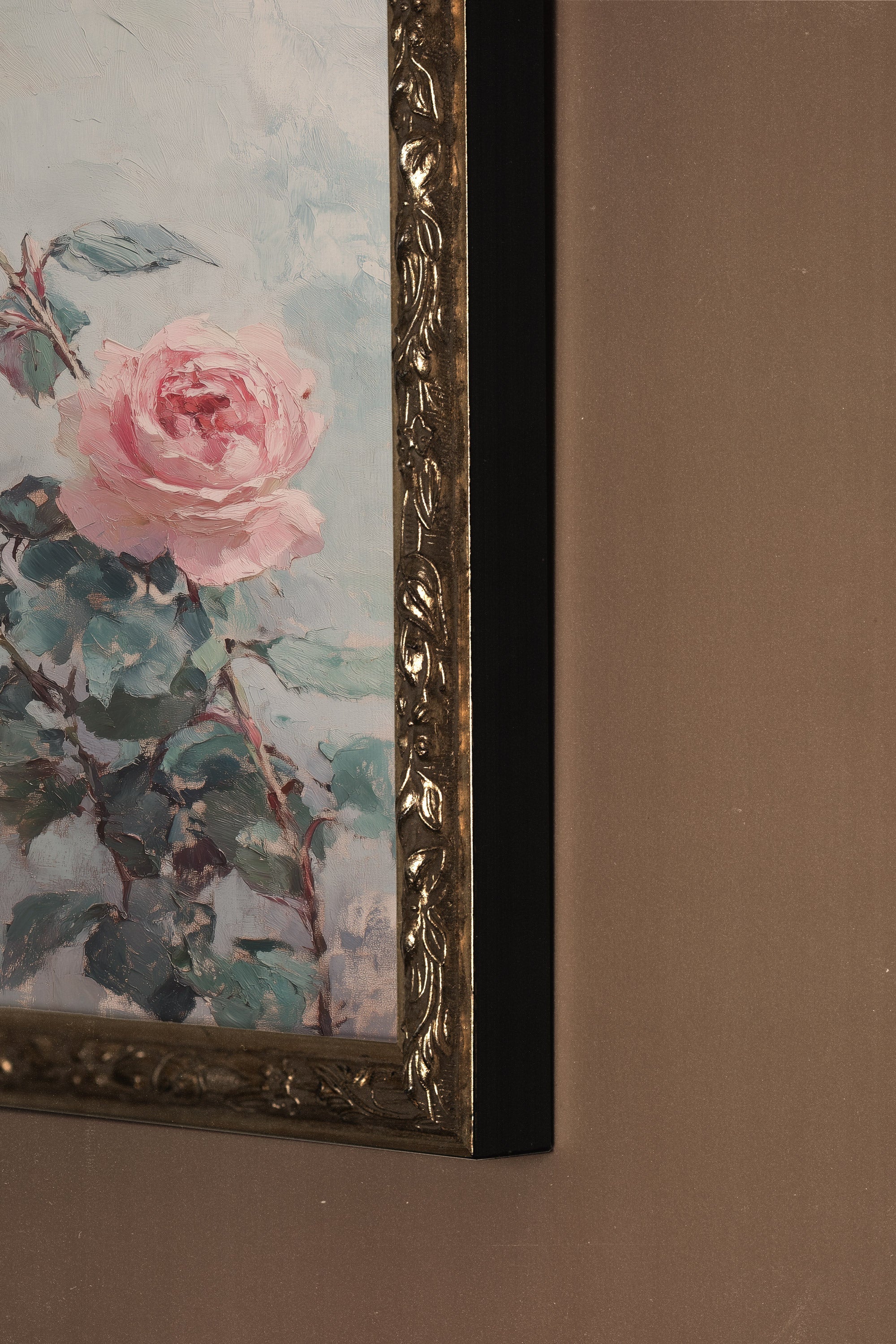 ROSES POUDRÉES, Artwork on rigid canvas, framed Vintage Silver