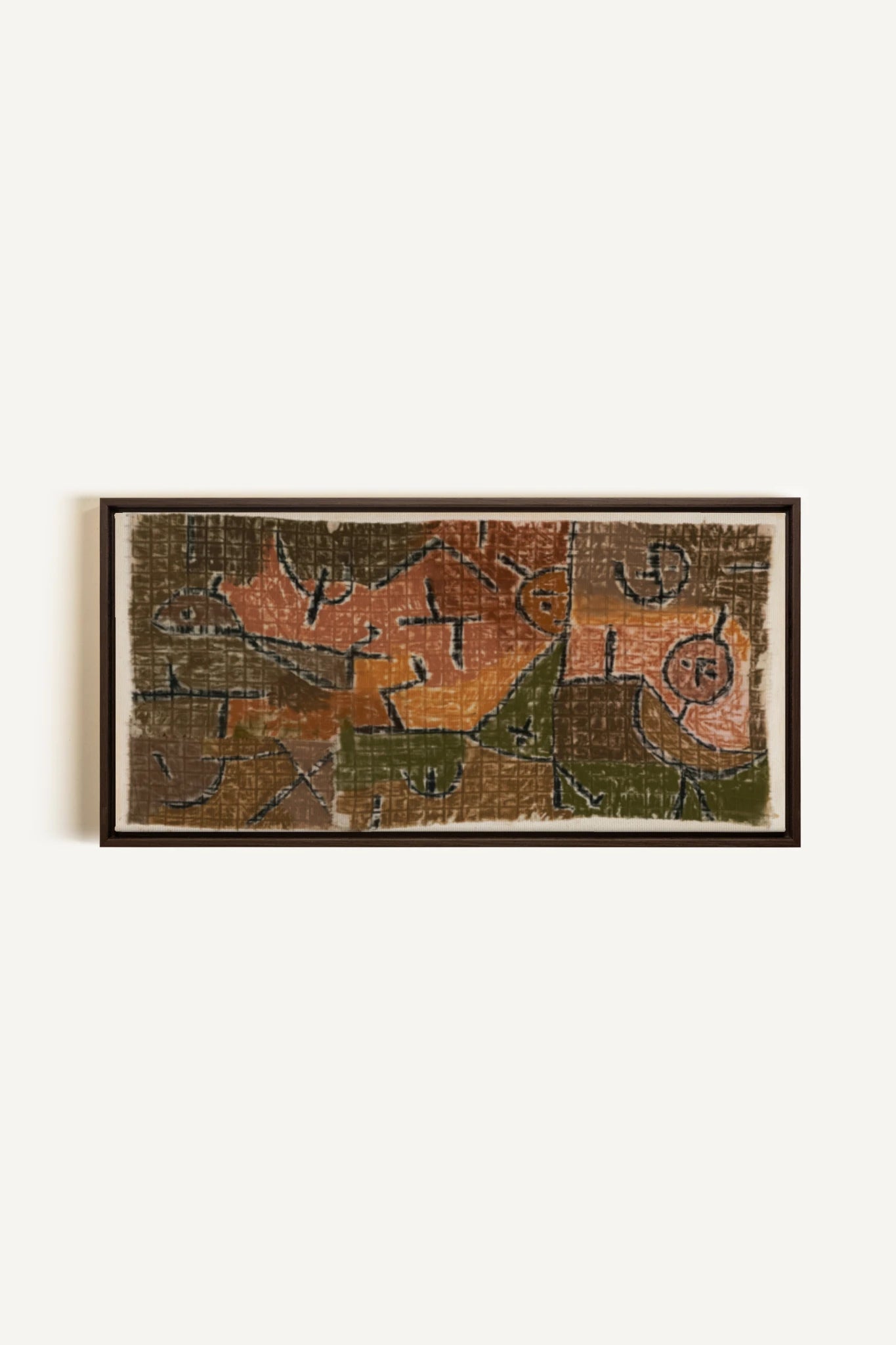 PRIMITIVE GRID, Oeuvre sur toile étirée, encadré Brun Noyer