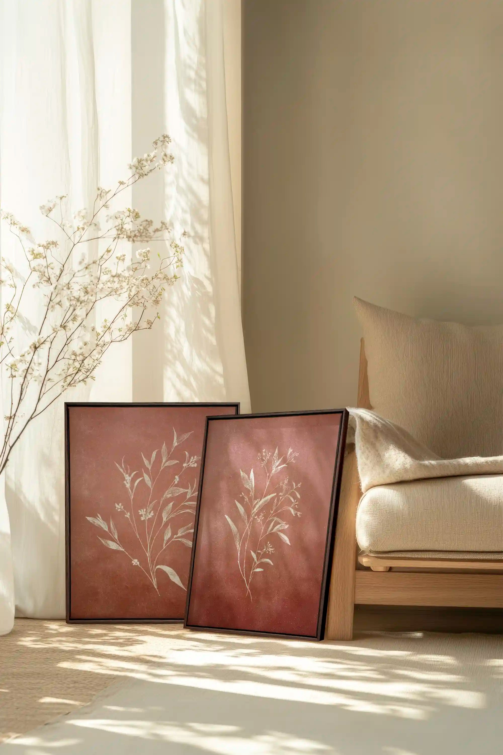 SOFT SIENNA DUO, 2 Works on stretched canvas, framed Walnut Brown