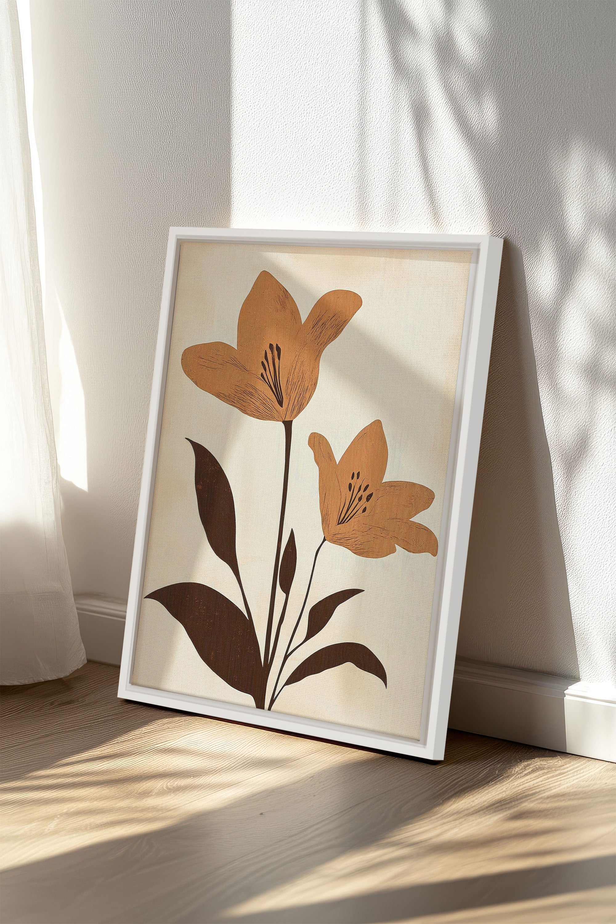 OLEKA CANVAS - SEPIA FLOWERS, Oeuvre sur toile étirée, encadré Blanc