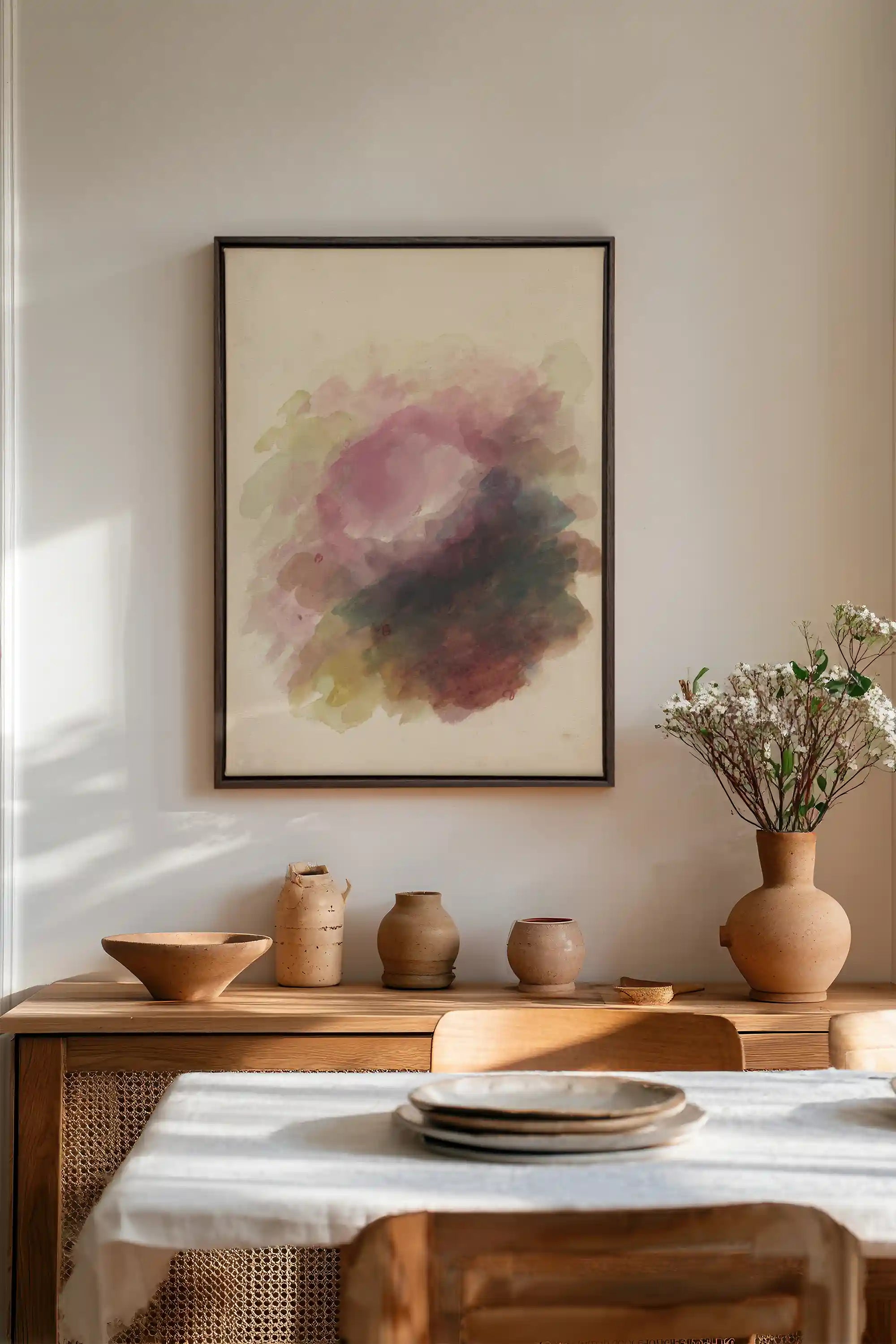 PLUM GARDEN, Work on stretched canvas, framed Walnut Brown