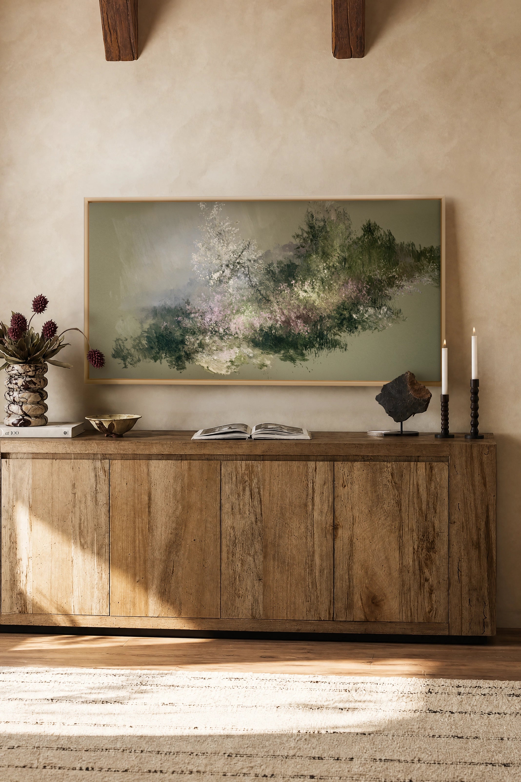 JARDIN DES BRUMES, Artwork on stretched canvas, Light Natural frame