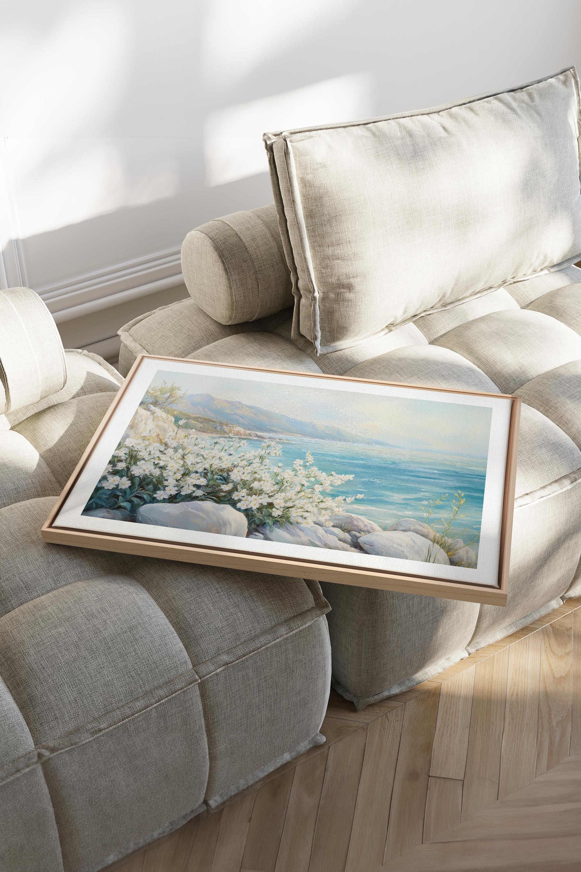 OLEKA CANVAS - AZURE HORIZON, Oeuvre sur toile étirée, encadré Naturel Clair