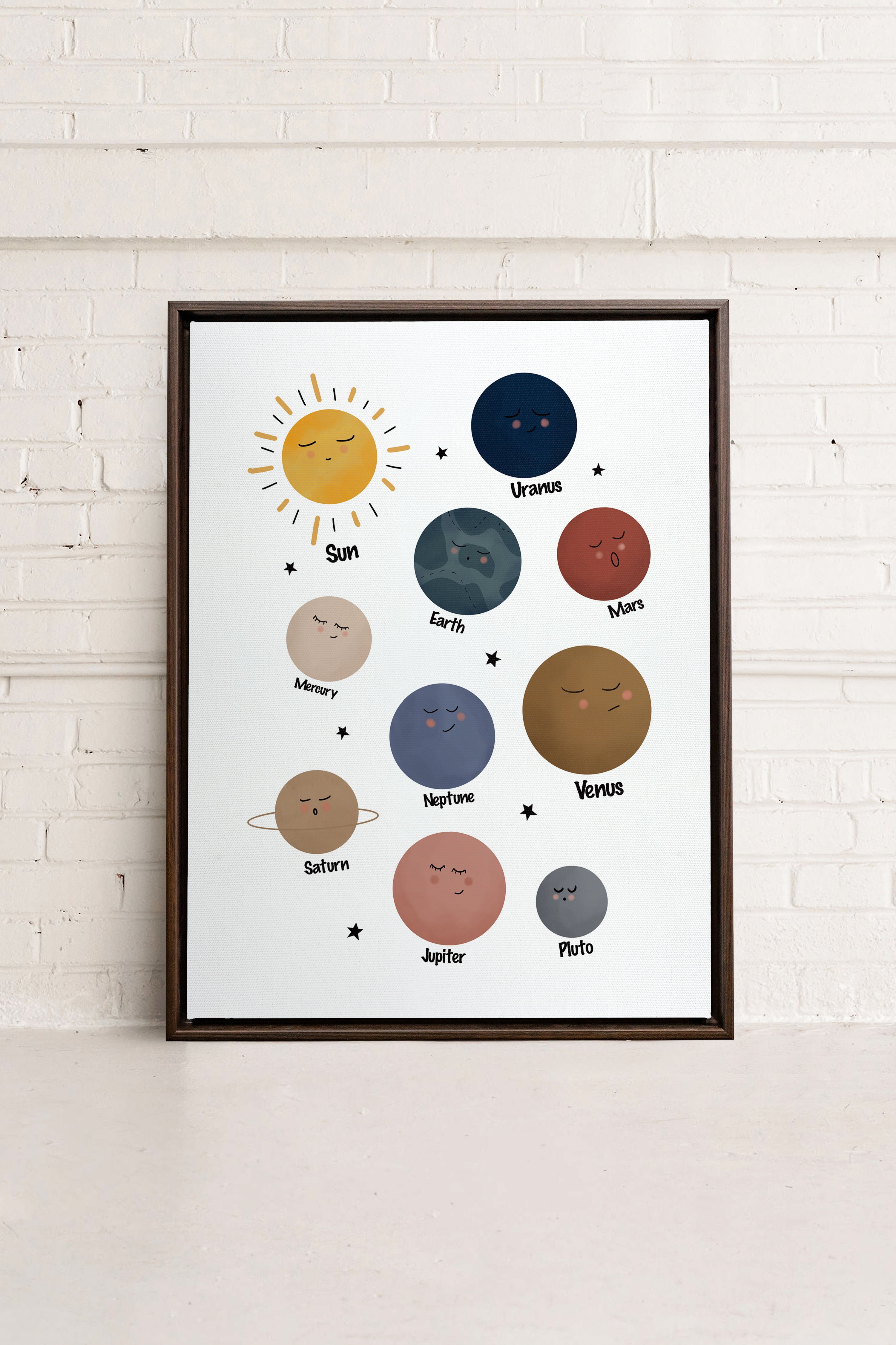 OLEKA CANVAS - PLANÈTES, Oeuvre sur toile étirée, encadré Brun Noyer