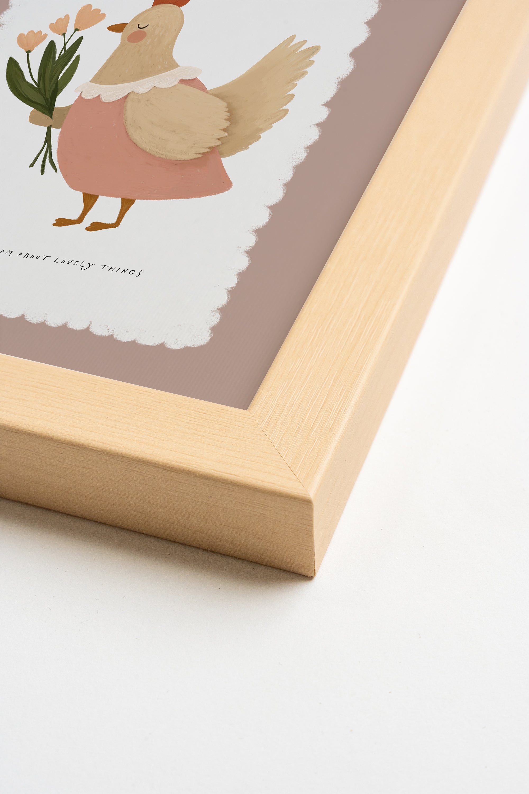 POULE EN FLEURS, Artwork on rigid canvas, framed in Natural Light